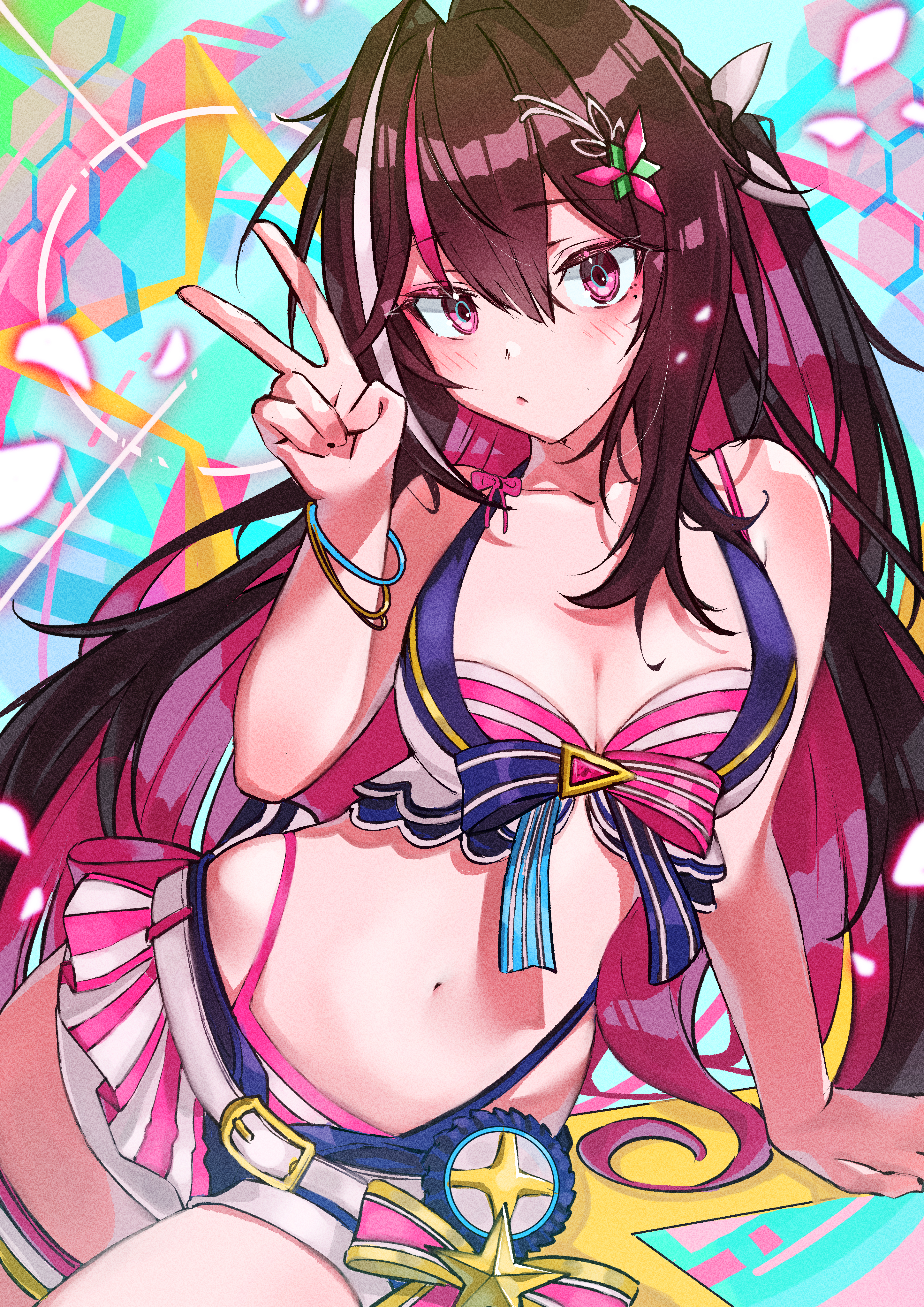 cruzango0510, azki (hololive), hololive, absurdres, highres, 1girl, bare shoulders, belt, bikini, blush, bracelet, breasts, brown hair, colored inner hair, hair ornament, hairclip, highleg, highleg bikini, jewelry, long hair, looking at viewer, medium breasts, multicolored hair, navel, pink eyes, pink hair, skirt, solo, striped bikini, striped clothes, swimsuit, v, virtual youtuber, white belt