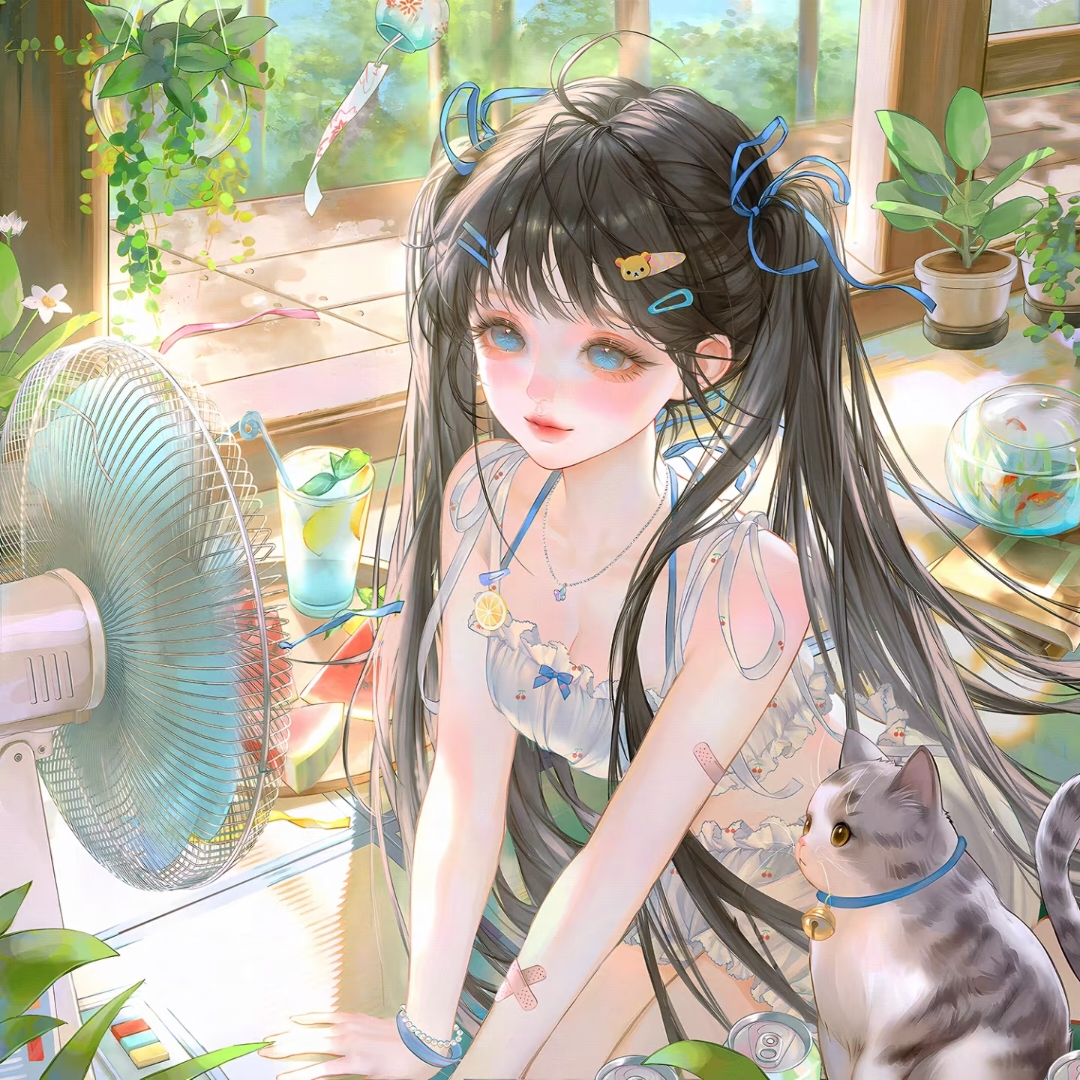 xixizi, original, large variant set, variant set, 1girl, bandaid, black hair, blue eyes, blue ribbon, breasts, cat, electric fan, fish, food, frills, hair ornament, hair ribbon, hairclip, jewelry, long hair, necklace, plant, ribbon, solo, twintails, underwear, wind chime