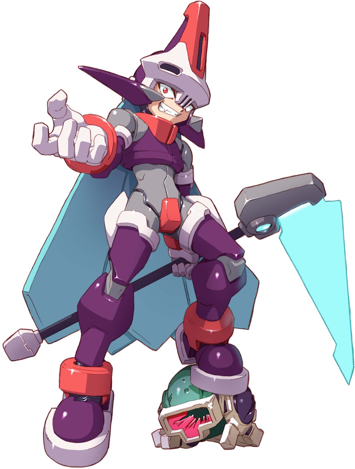 yabe makoto, prometheus (mega man), capcom, mega man (series), mega man zx, mega man zx advent, highres, official art, 1boy, android, armor, bodysuit, creature, full body, helmet, male focus, rod, simple background, solo, staff, standing, white background