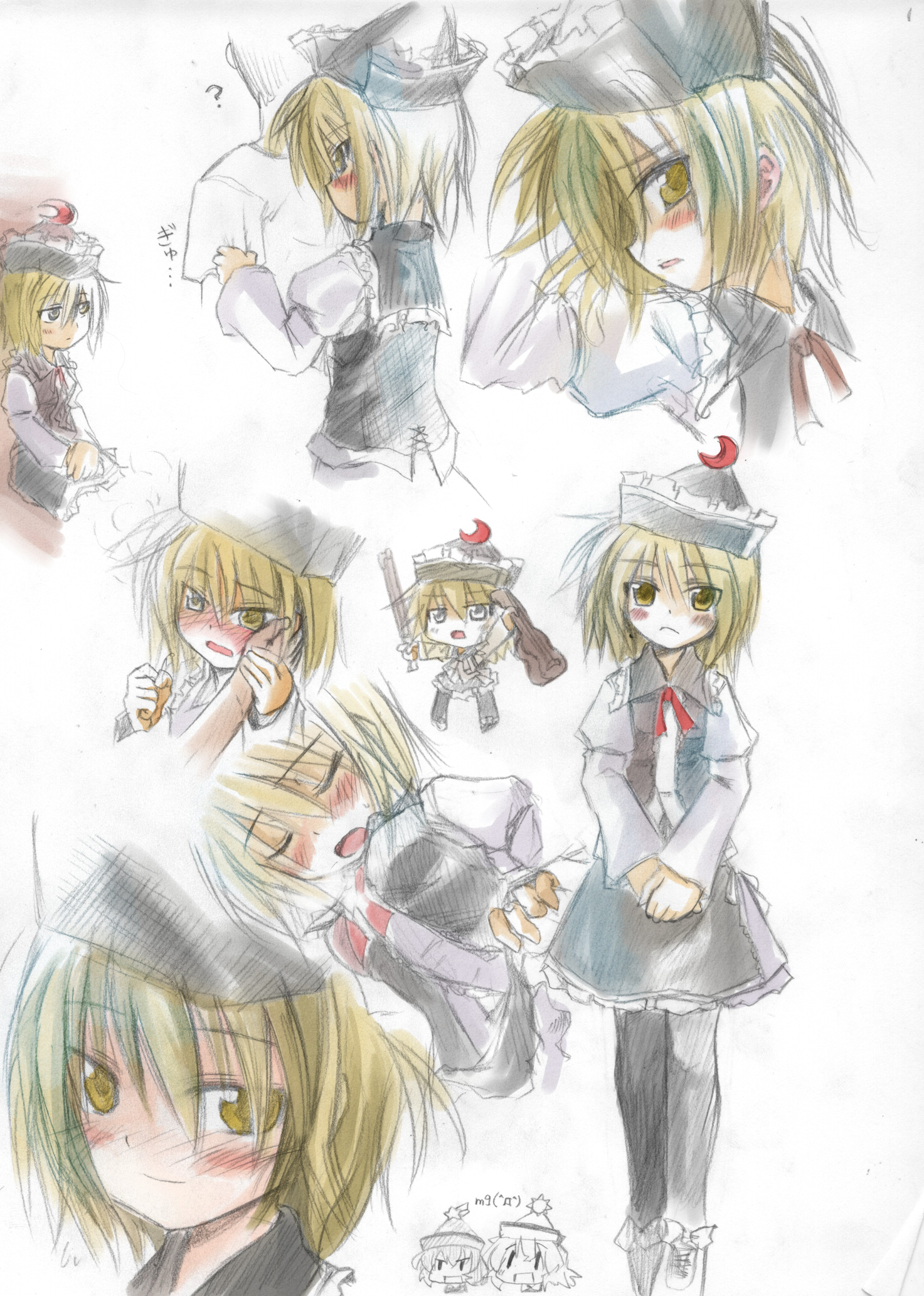 kotojima motoki, kotoshima, lunasa prismriver, touhou, bad id, bad pixiv id, highres, traditional media, 1girl, blonde hair, blush, chibi, female focus, hat, instrument, multiple expressions, pantyhose, short hair, sketch, smile, solo, violin, yellow eyes, | |