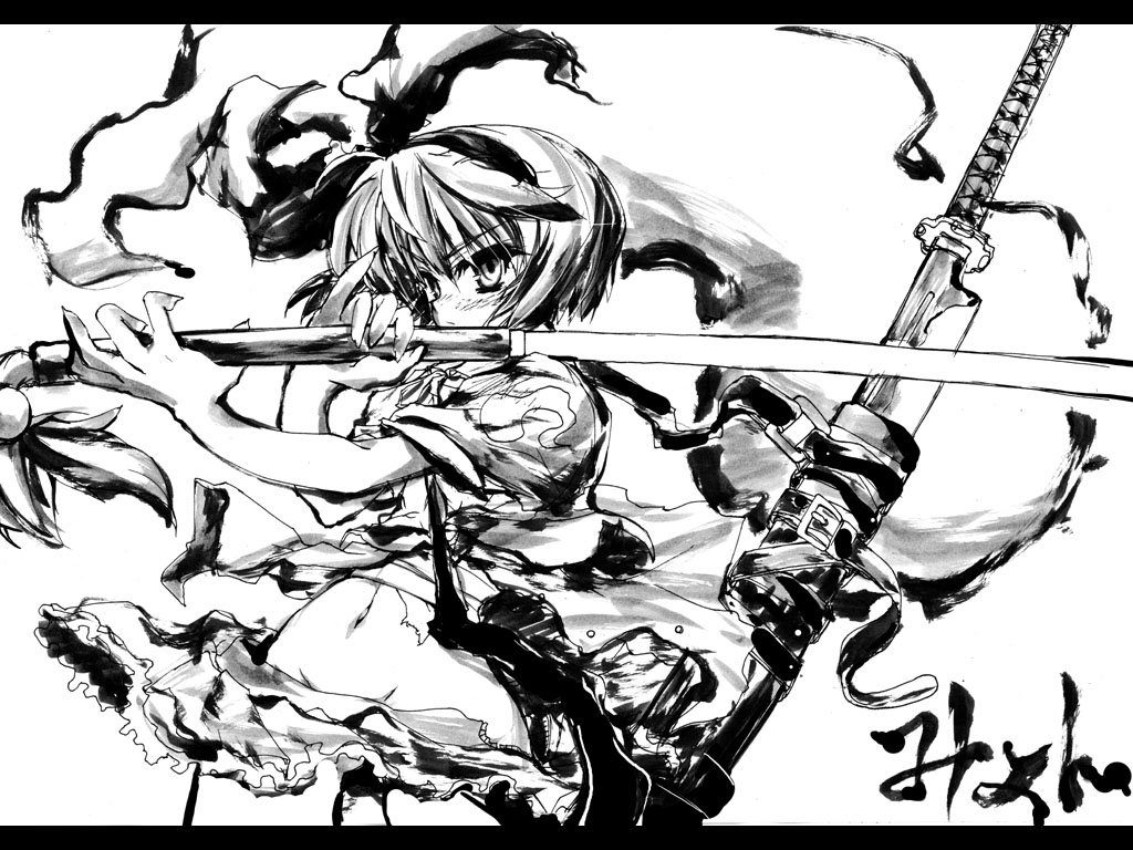 delusion overdose, matsuno canel, konpaku youmu, konpaku youmu (ghost), touhou, 1girl, blush, female focus, fighting stance, frills, greyscale, groin, hairband, katana, letterboxed, monochrome, navel, no panties, sheath, short hair, skirt, solo, standing, strap, sword, torn clothes, weapon