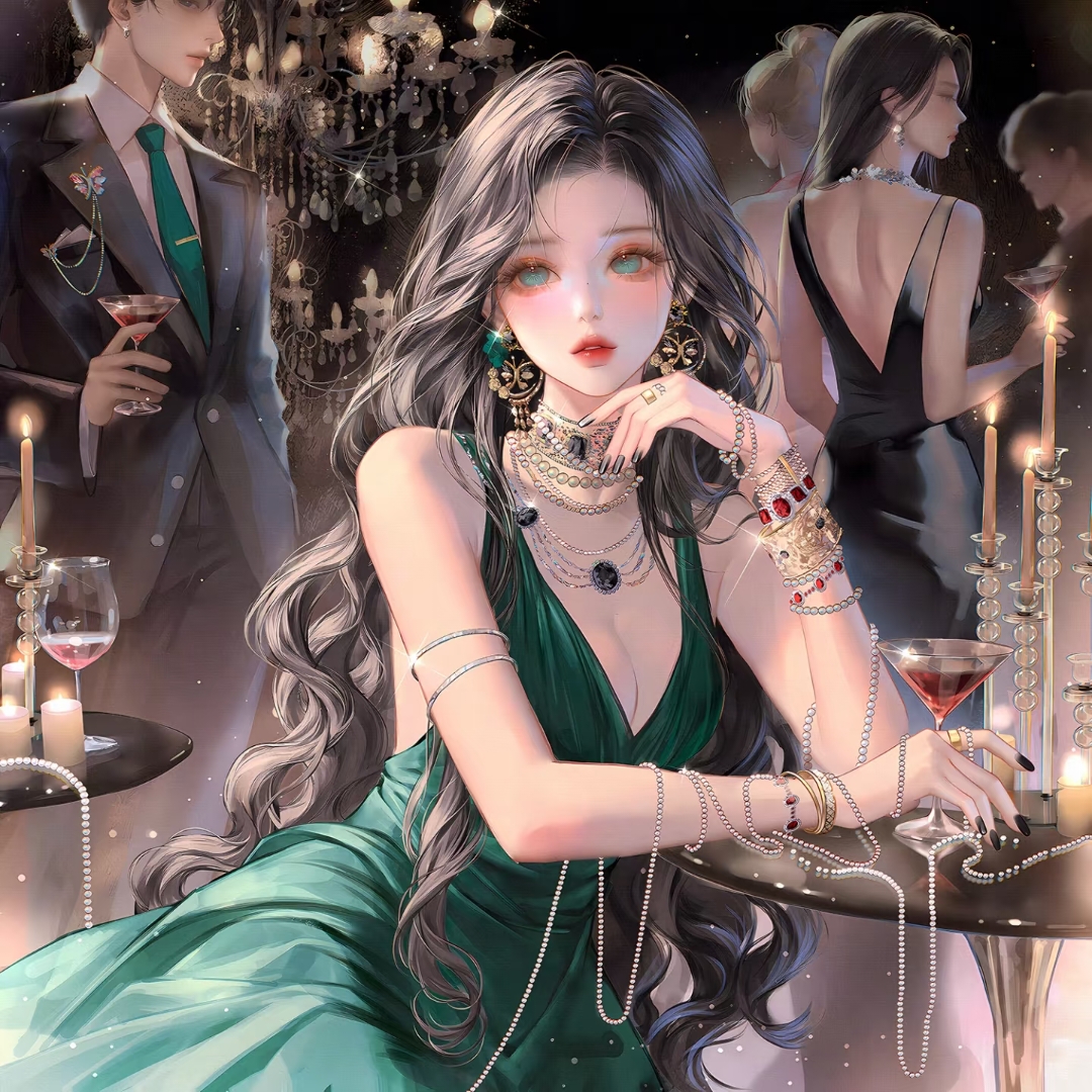 xixizi, original, large variant set, variant set, alcohol, aqua eyes, bare shoulders, black hair, black nails, bracelet, breasts, candle, chandelier, cleavage, cup, dress, drinking glass, earrings, formal clothes, green dress, green eyes, green necktie, holding, jewelry, long hair, looking at viewer, medium breasts, multiple girls, nail polish, necklace, necktie, parted lips, ring, sitting, sleeveless, solo focus, suit, table, wavy hair, wine glass