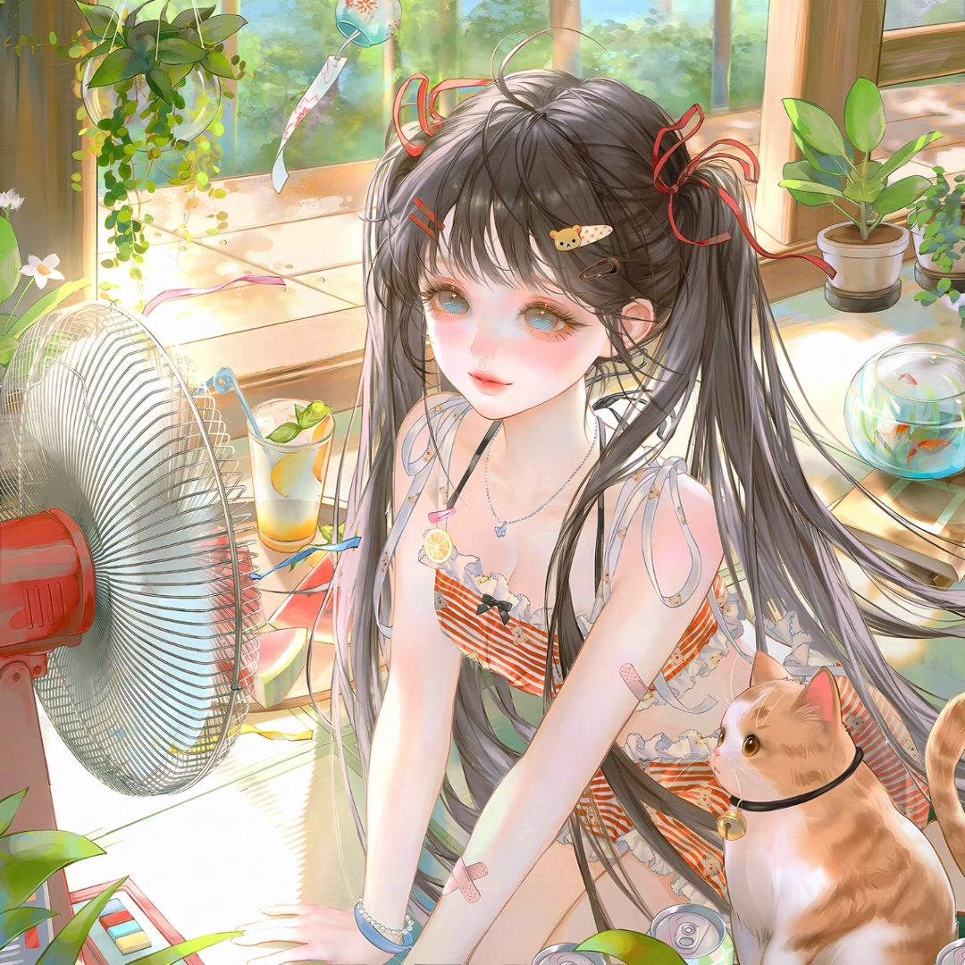 xixizi, original, large variant set, variant set, 1girl, bandaid, black hair, blue eyes, breasts, cat, electric fan, fish, food, frills, goldfish, hair ornament, hair ribbon, hairclip, jewelry, long hair, looking at viewer, necklace, plant, potted plant, ribbon, sitting, solo, twintails, wind chime