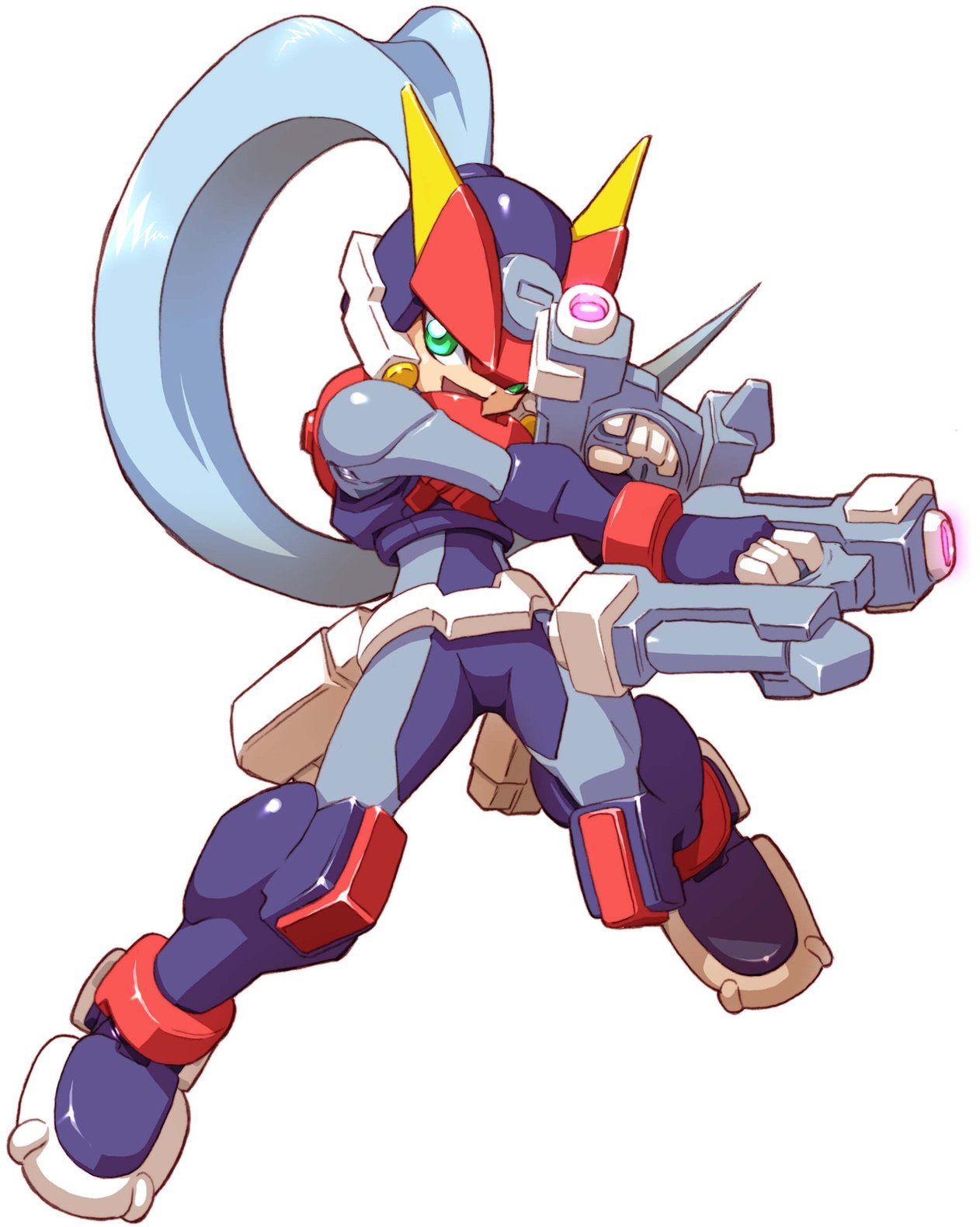 yabe makoto, ashe (mega man), model a (mega man), capcom, mega man (series), mega man zx, mega man zx advent, highres, official art, 1girl, bodysuit, dual wielding, energy gun, female focus, green eyes, grey hair, gun, handgun, helmet, holding, long hair, looking at viewer, open mouth, pistol, ponytail, simple background, smile, solo, weapon, white background