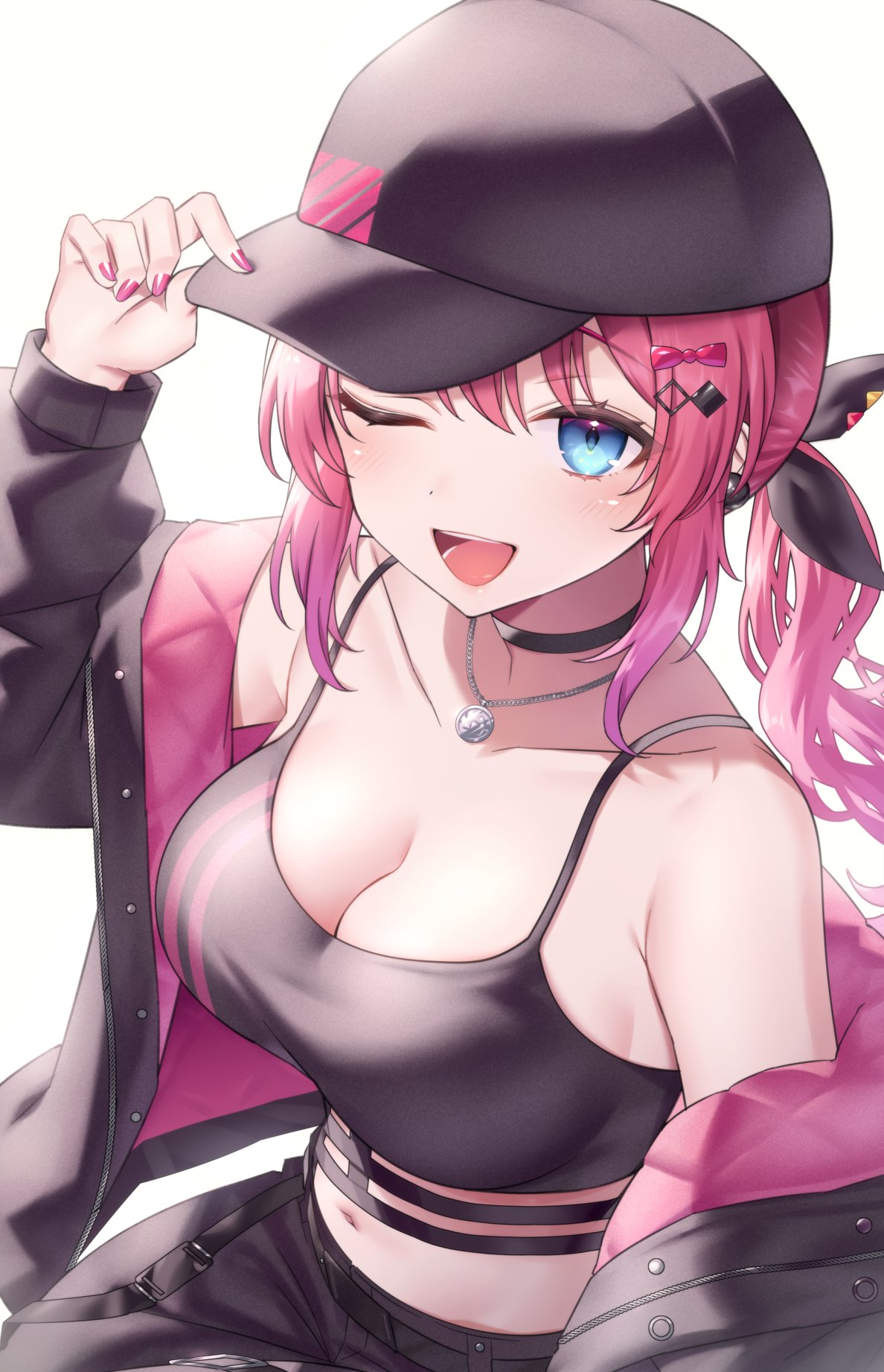 neit ni sei, kuramochi meruto, nijisanji, hashtag-only commentary, highres, 1girl, bare shoulders, baseball cap, black choker, black hat, black jacket, black pants, black shirt, blue eyes, breasts, choker, cleavage, collarbone, crop top, hair ornament, hair ribbon, hairclip, hand on headwear, hand up, hat, jacket, jewelry, large breasts, long hair, long sleeves, looking at viewer, midriff, nail polish, navel, necklace, off shoulder, one eye closed, open clothes, open jacket, open mouth, pants, pink hair, pink nails, ponytail, ribbon, shirt, simple background, sleeveless, sleeveless shirt, smile, solo, spaghetti strap, stomach, virtual youtuber, white background