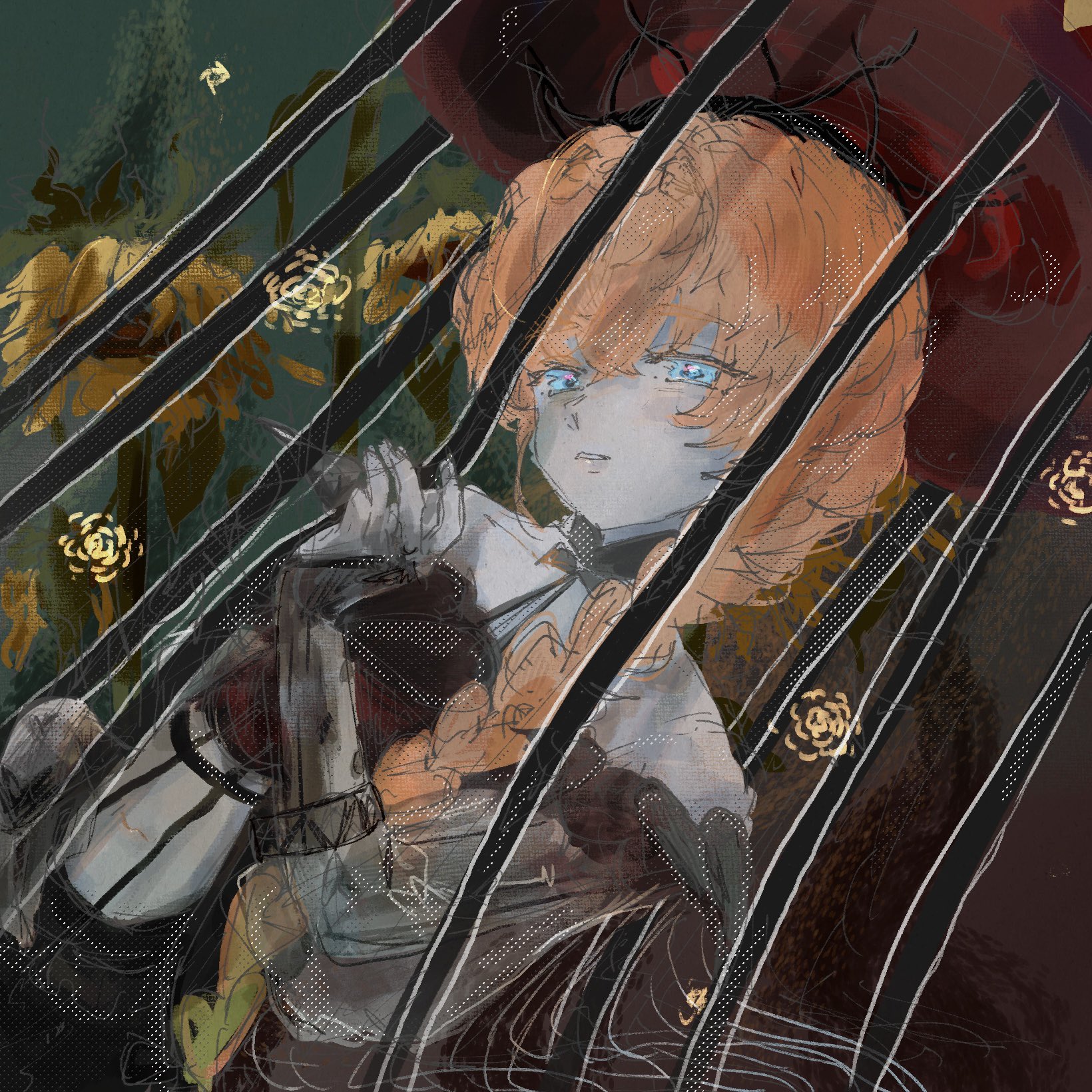 van gogh (fate), van gogh (second ascension) (fate), fate/grand order, fate (series), highres, 1girl, blue eyes, braid, colored skin, flower, grey skin, hat, long hair, looking at viewer, orange hair, parted lips, solo, suetumu 0, sunflower, upper body, wilted flower