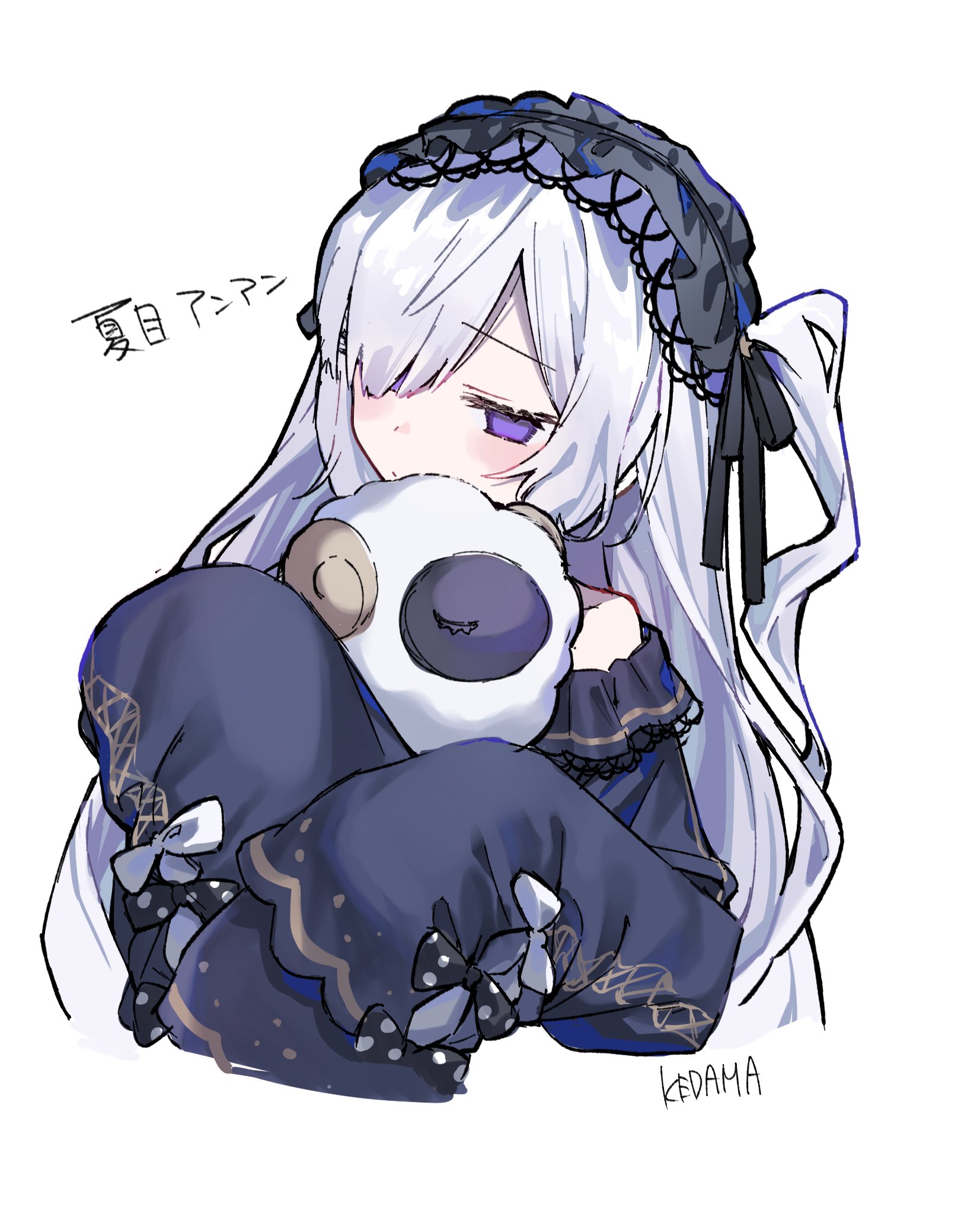 asaseshin, kedama (kedamat6u), natsume anan, mahou shoujo no majo saiban, highres, 1girl, bow, dress, empty eyes, gothic lolita, hair over one eye, hairband, headband, holding, holding stuffed toy, lolita fashion, lolita hairband, long hair, magical girl, polka dot, polka dot bow, purple dress, purple eyes, purple headband, simple background, sleeves past fingers, sleeves past wrists, solo, stuffed animal, stuffed sheep, stuffed toy, tied sleeves, upper body, very long hair, white background, white hair