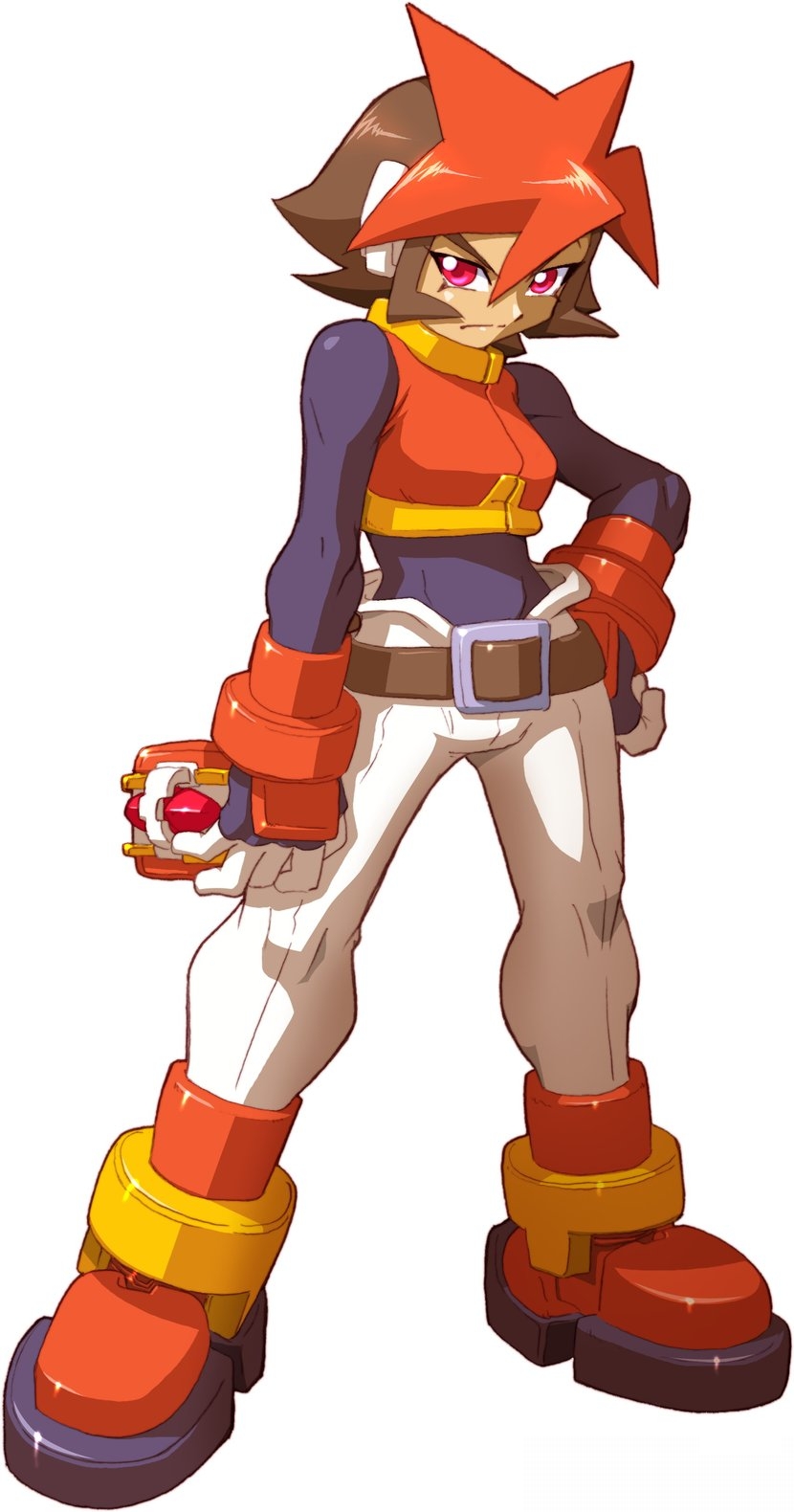 yabe makoto, atlas (mega man), capcom, mega man (series), mega man zx, mega man zx advent, highres, official art, 1girl, android, belt, brown hair, buckle, colored bangs, female focus, full body, hand on own hip, holding, looking at viewer, model f, multicolored hair, orange hair, red eyes, red hair, short hair, simple background, solo, standing, white background