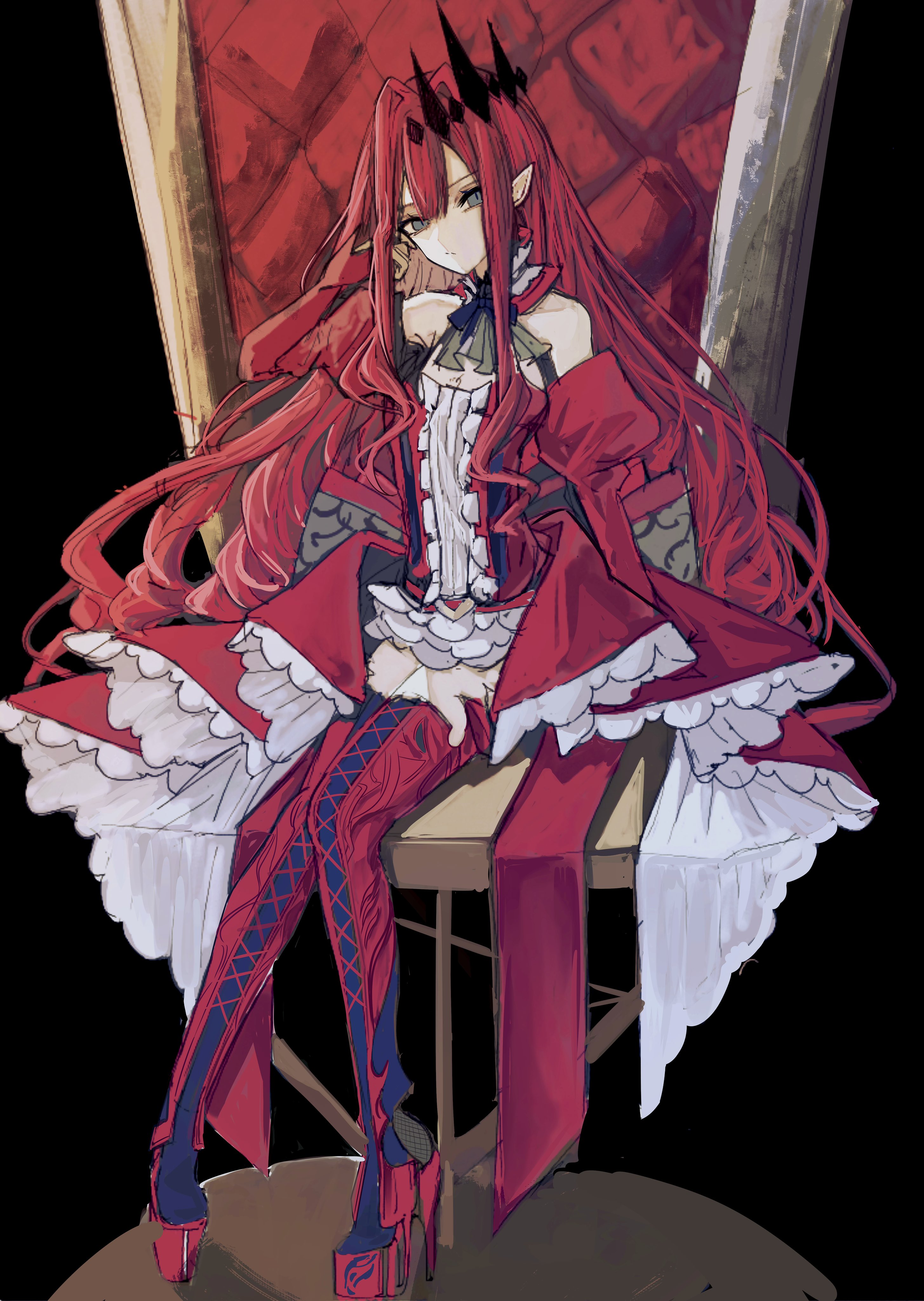 yagi (yagi5art), baobhan sith (fate), baobhan sith (first ascension) (fate), fate/grand order, fate (series), absurdres, highres, 1girl, bare shoulders, boots, breasts, chair, detached sleeves, dress, frills, full body, grey eyes, hair ornament, long hair, looking at viewer, on chair, pointy ears, red dress, red hair, sidelocks, sitting, solo, thigh boots