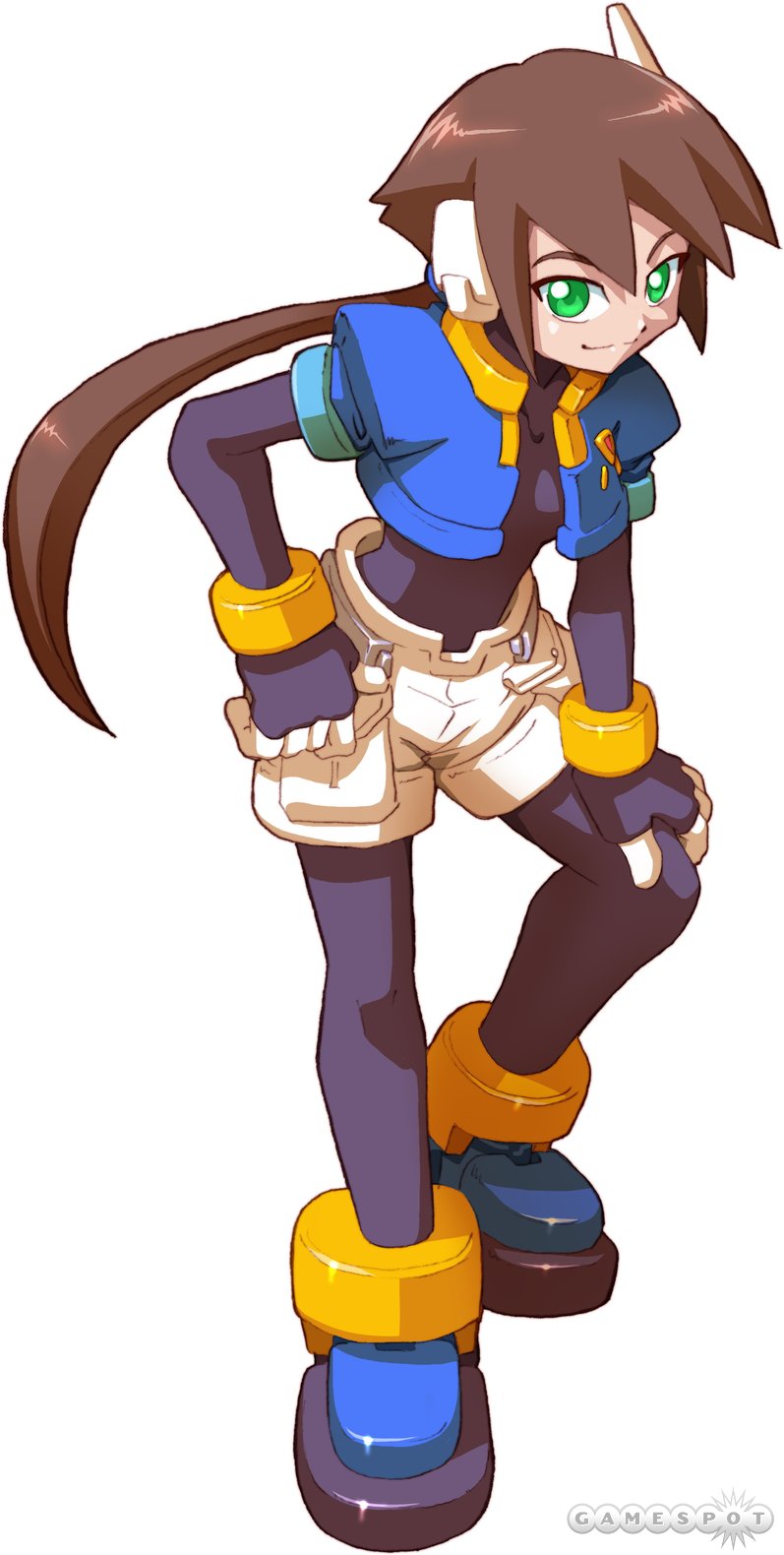 yabe makoto, aile (mega man zx), capcom, mega man (series), mega man zx, mega man zx advent, highres, official art, 1girl, brown hair, closed mouth, female focus, green eyes, hair between eyes, hand on own knee, long hair, looking at viewer, ponytail, shorts, simple background, smile, solo, watermark, white background, white shorts