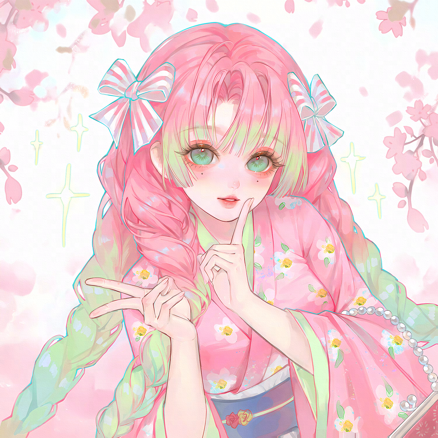 xixizi, kanroji mitsuri, kimetsu no yaiba, highres, 1girl, blush, bow, braid, cherry blossoms, floral print, gradient hair, green eyes, green hair, hair bow, index finger raised, japanese clothes, kimono, long hair, long sleeves, looking at viewer, mole, mole under eye, multicolored hair, obi, parted lips, pink hair, pink kimono, sash, solo, sparkle, striped bow, twin braids, upper body, wide sleeves