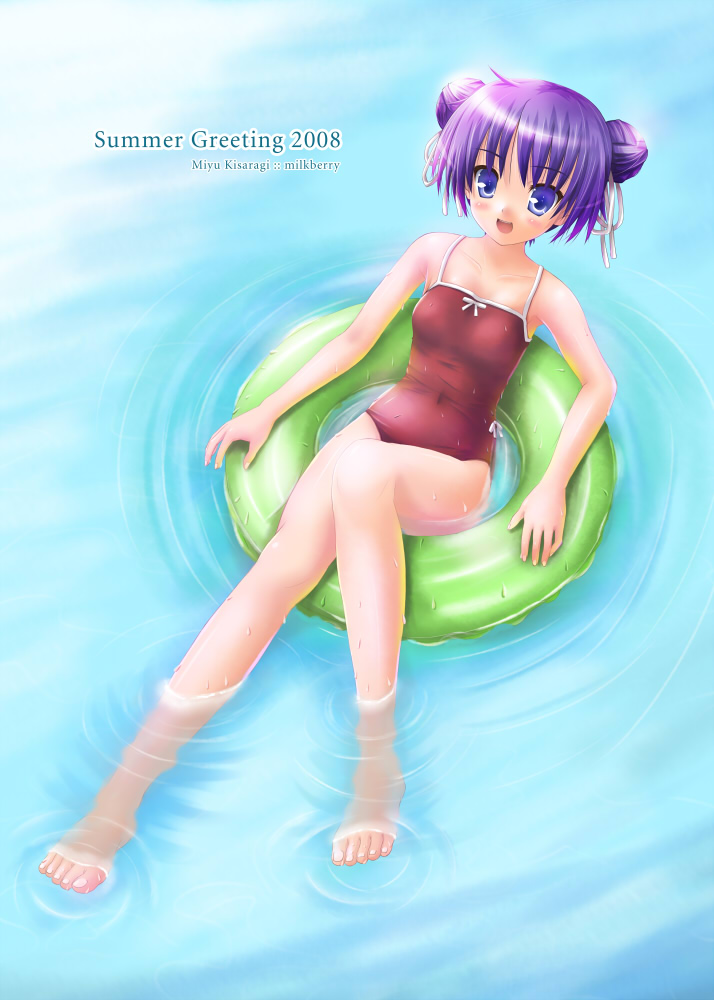 kisaragi miyu, hiiragi kagami, lucky star, 00s, 1girl, :d, afloat, alternate hairstyle, barefoot, blue eyes, covered navel, double bun, feet, female focus, flat chest, full body, hair bun, innertube, one-piece swimsuit, open mouth, partially submerged, purple hair, ripples, smile, solo, swim ring, swimsuit, water, wet