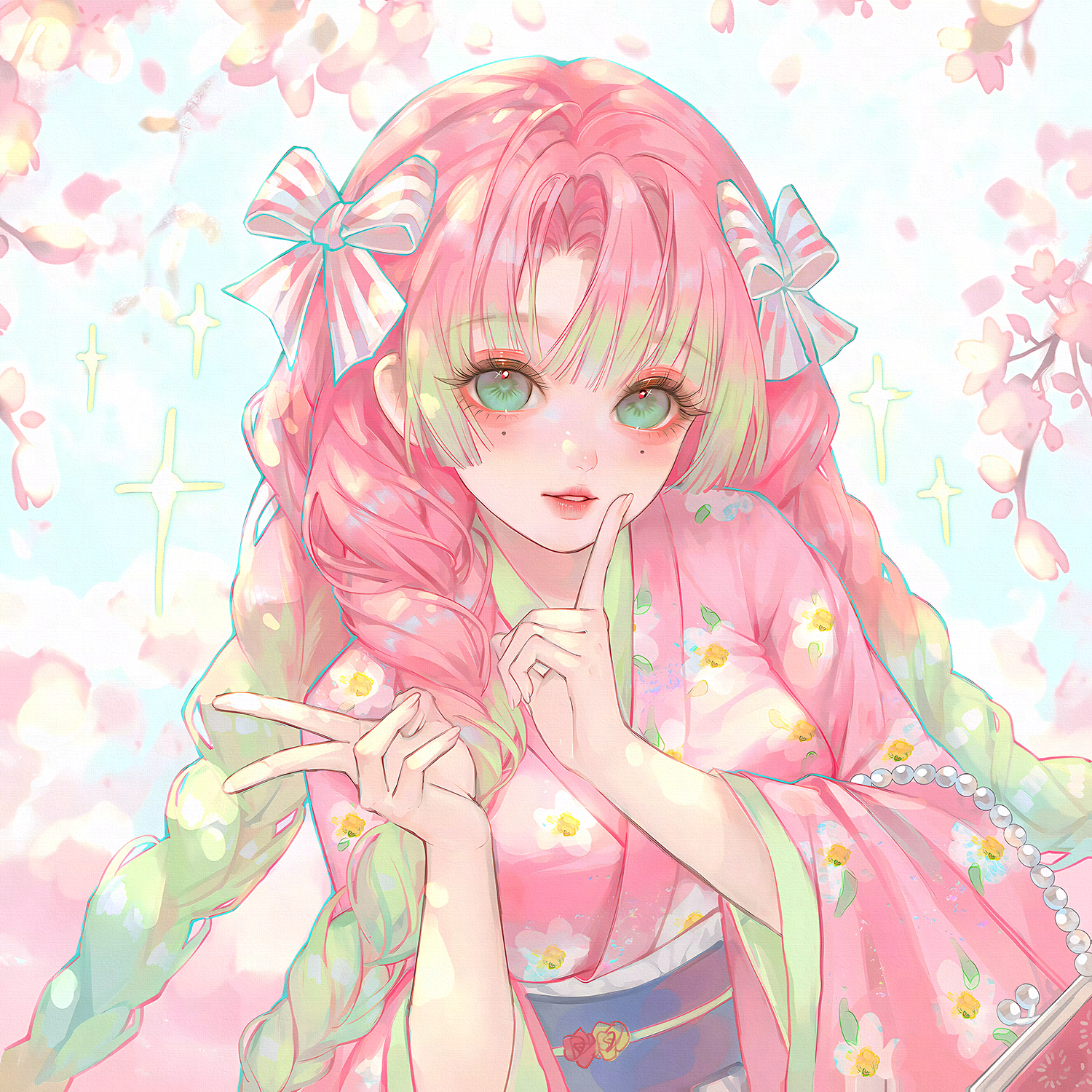 xixizi, kanroji mitsuri, kimetsu no yaiba, highres, 1girl, blush, bow, braid, breasts, cherry blossoms, floral print, gradient hair, green eyes, green hair, hair bow, index finger raised, japanese clothes, kimono, long hair, long sleeves, looking at viewer, mole, mole under eye, multicolored hair, obi, pink hair, pink kimono, sash, solo, sparkle, striped bow, twin braids, upper body, wide sleeves