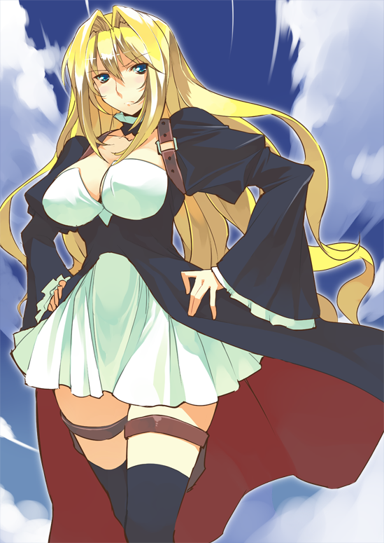 ryuuta, ryuuta (msxtr), tsukiumi, sekirei, 00s, 1girl, blonde hair, blue eyes, breasts, cloud, day, female focus, frills, large breasts, long hair, skirt, sky, solo, thigh strap, thighhighs