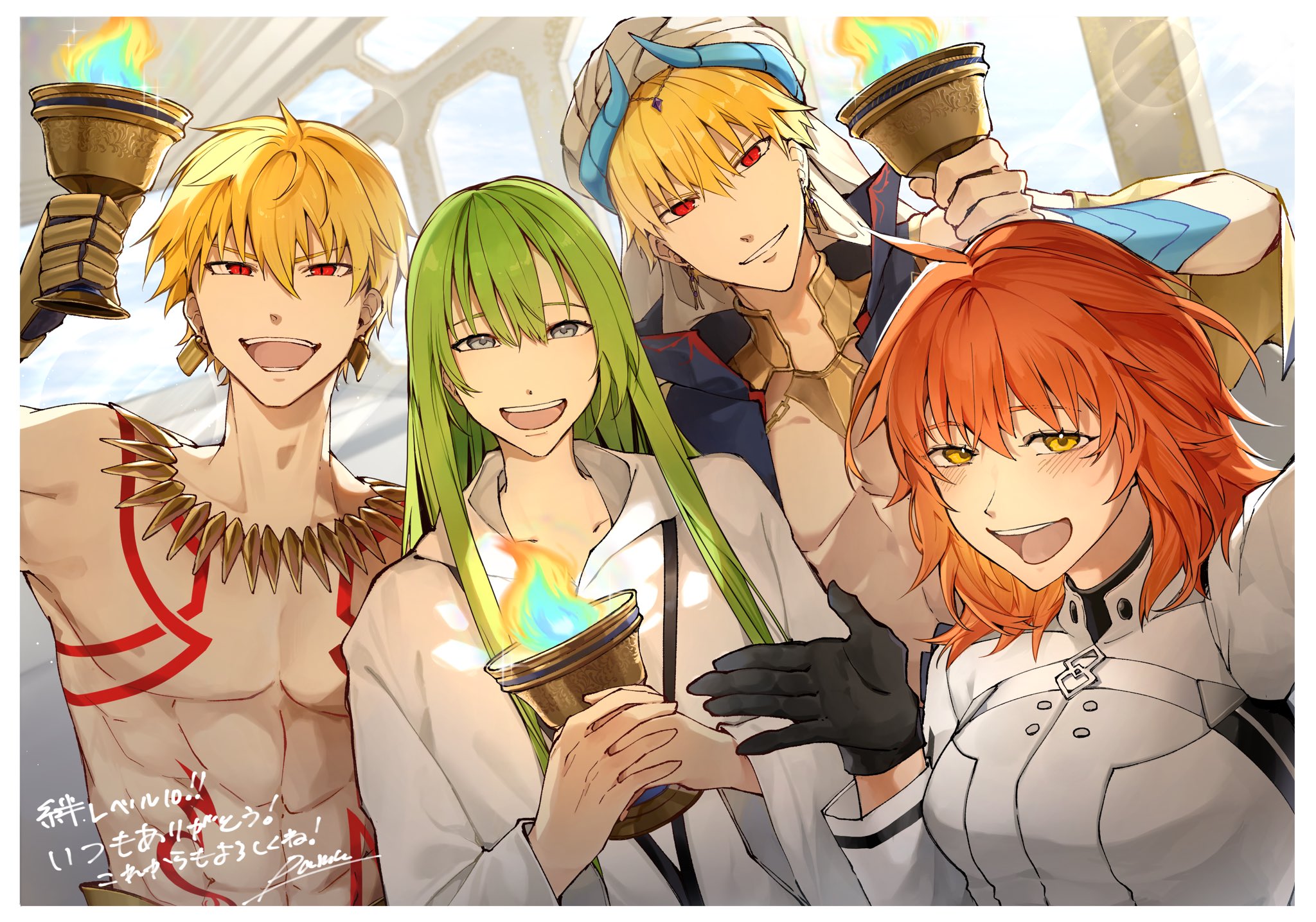 tuna kann5, enkidu (fate), fujimaru ritsuka (female), fujimaru ritsuka (female) (decisive battle chaldea uniform), gilgamesh, gilgamesh (caster) (fate), gilgamesh (fate), fate/grand order, fate (series), highres, 1girl, 1other, 2boys, ahoge, arabian clothes, blonde hair, blush, body markings, breasts, chalice, cup, earrings, gloves, green hair, grey eyes, head chain, holding, holding cup, holy grail (fate), jacket, jewelry, long hair, medium hair, multiple boys, necklace, open mouth, orange hair, red eyes, short hair, smile, topless male, turban, upper body, yellow eyes