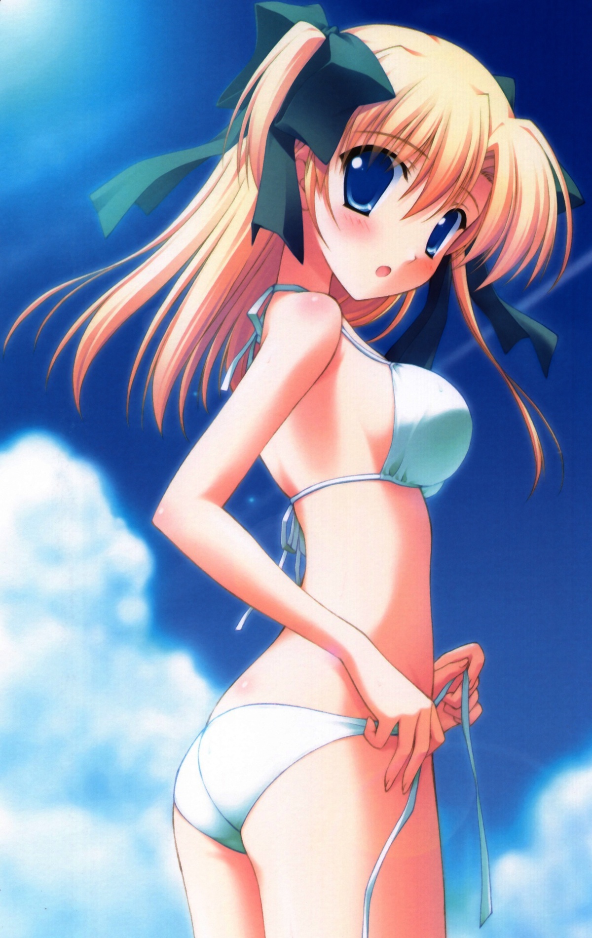nanao naru, housen elis, canvas (cocktail soft), canvas 2, highres, 00s, 1girl, bikini, blonde hair, blue eyes, blush, breasts, cloud, day, female focus, hair ribbon, long hair, medium breasts, ribbon, side-tie bikini bottom, sky, solo, swimsuit, twintails, white bikini