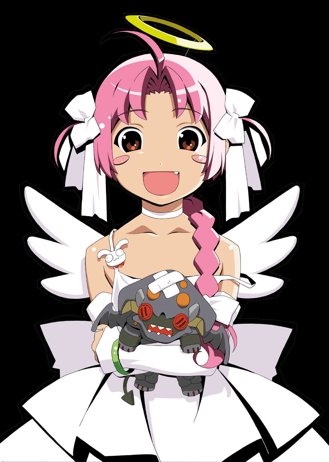 watanabe akio, mugimaru, nakahara komugi, nurse witch komugi-chan, soul taker, highres, 00s, 1girl, ahoge, angel wings, bare shoulders, blush stickers, bow, bracelet, brown eyes, choker, detached sleeves, dress, fang, female focus, gloves, hair bow, halo, jewelry, long hair, pink hair, smile, solo, strap slip, traditional halo, wings