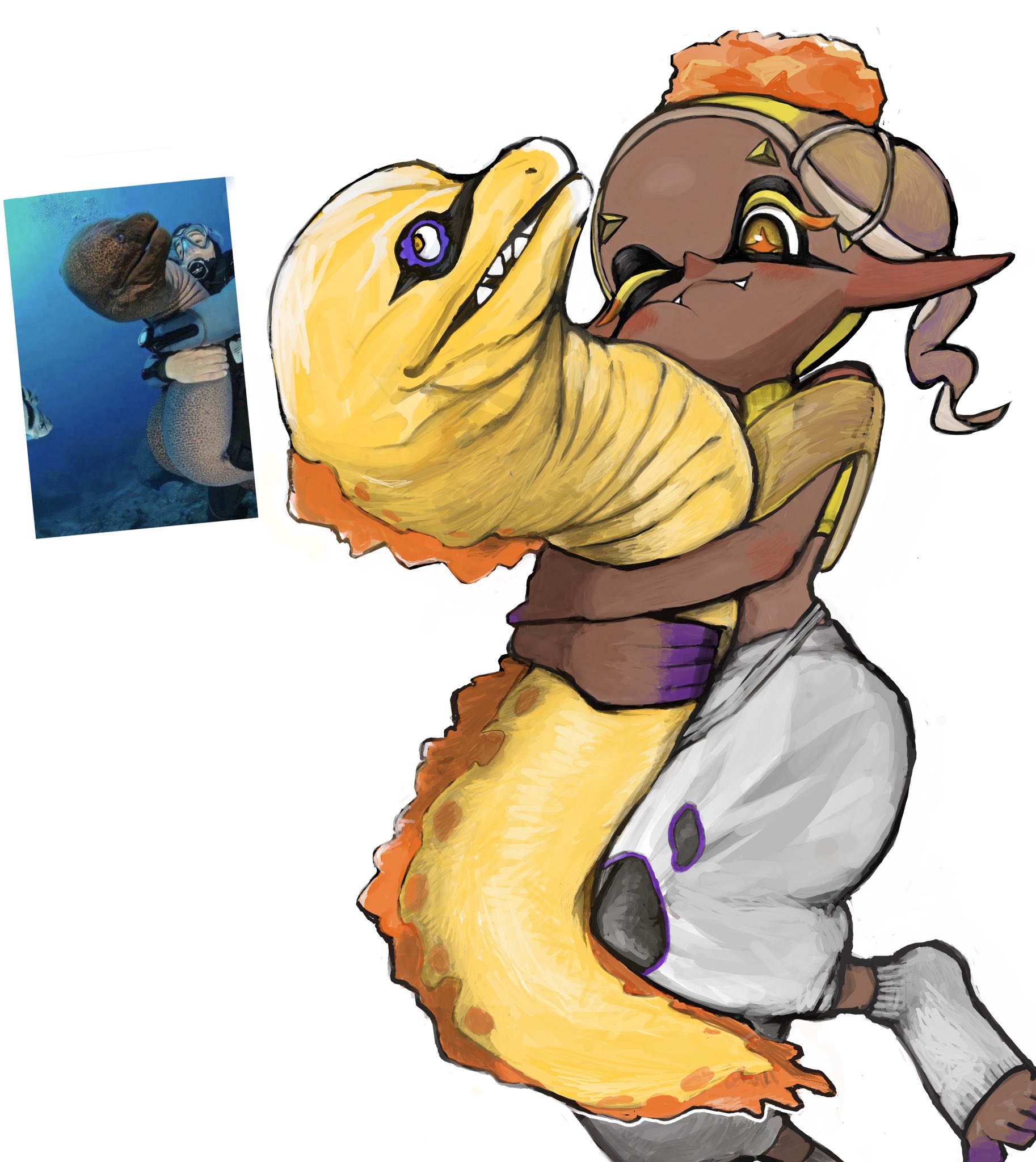 frye (splatoon), nintendo, splatoon (series), splatoon 3, toeless socks, commentary, english commentary, highres, photo-referenced, 1girl, ;3, bare arms, blonde hair, blush, colored eyelashes, cross-shaped pupils, dark-skinned female, dark skin, fangs, fangs out, hug, inkling, lelerage, long eyelashes, long pointy ears, one eye closed, pants, pointy ears, reference inset, short eyebrows, simple background, smile, socks, solo, symbol-shaped pupils, tentacle hair, white background, white pants, white socks, yellow eyes