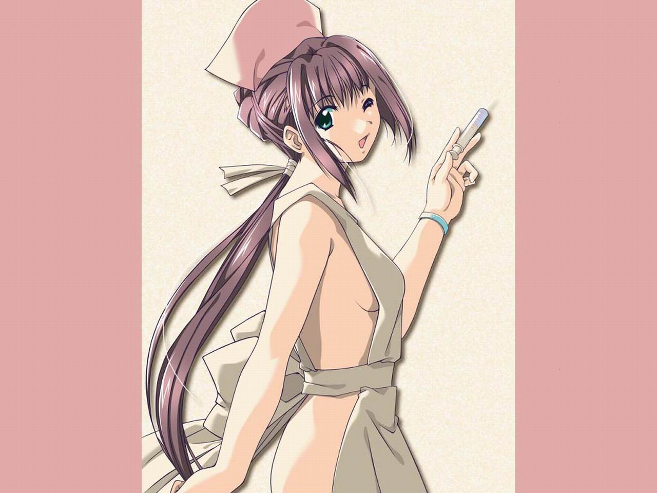 nanase ren, yakin byoutou, 00s, 1girl, apron, female focus, naked apron, nurse, one eye closed, solo, syringe, wink