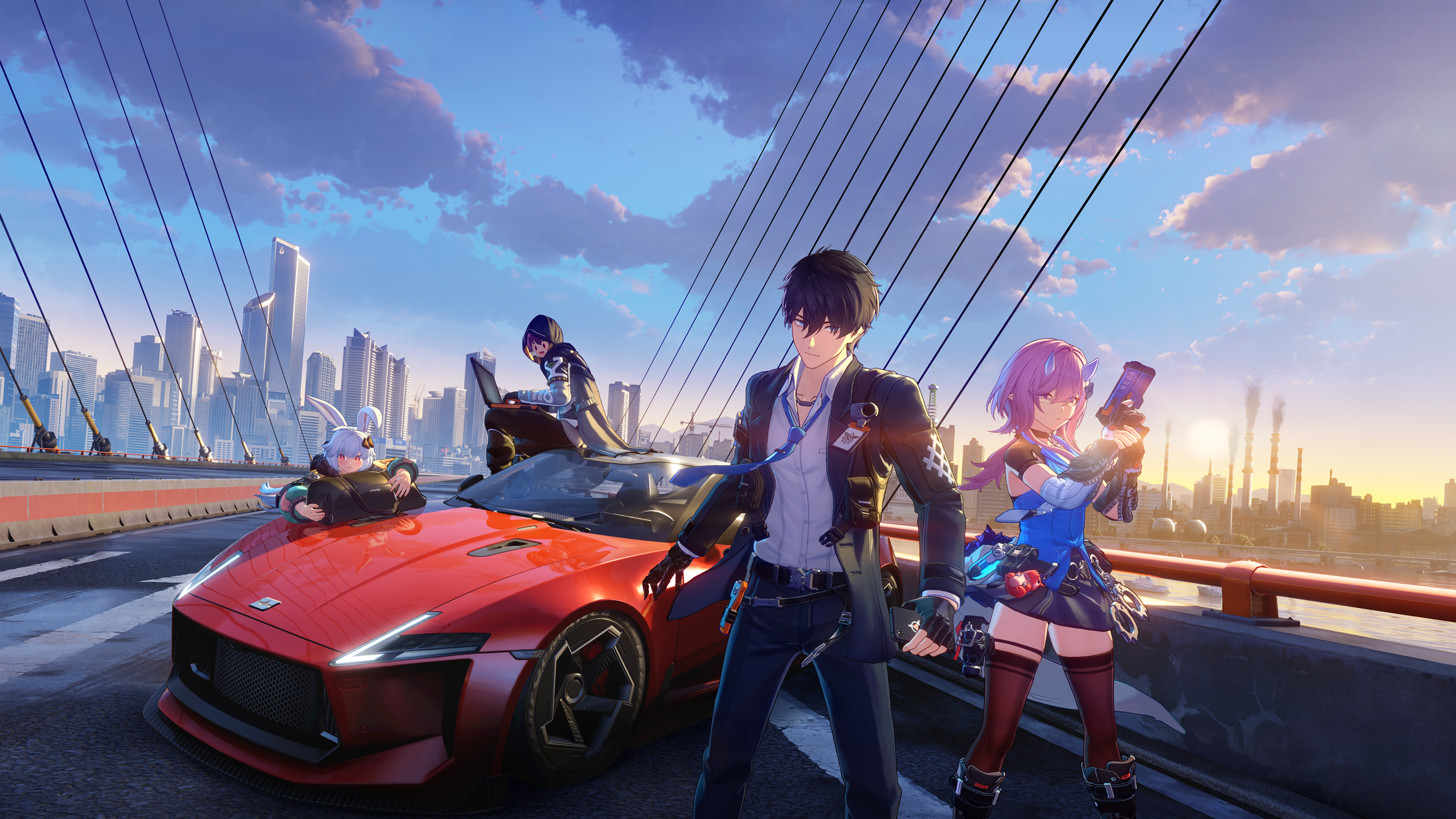 taffy (ananta), ananta, highres, official art, 2boys, 2girls, animal ears, bridge, car, city, detached sleeves, gun, hair intakes, handgun, holding, holding gun, holding weapon, long hair, long sleeves, male protagonist (ananta), mask, motor vehicle, multiple boys, multiple girls, open mouth, pink hair, police, rabbit ears, red car, red eyes, richie (ananta), seymour (ananta), sky, weapon, white hair