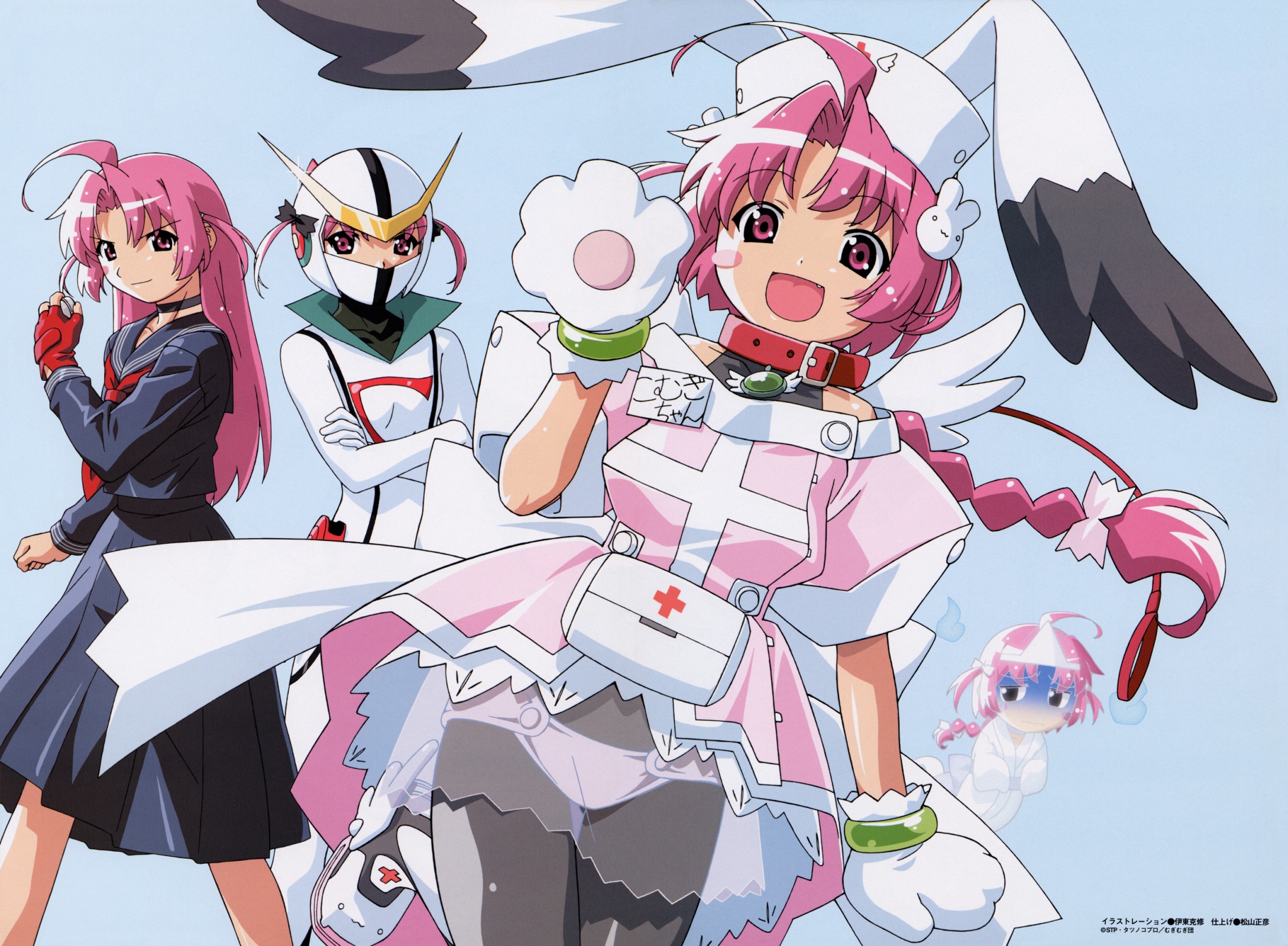 watanabe akio, casshern, nakahara komugi, casshern (series), casshern sins, nurse witch komugi-chan, sukeban deka, highres, 1girl, ahoge, animal ears, animal hands, casshern (cosplay), collar, cosplay, ghost, gloves, long hair, multiple views, nurse, pantyhose, parody, pink eyes, pink hair, school uniform, see-through clothes, serafuku, short hair, transparent, yo-yo