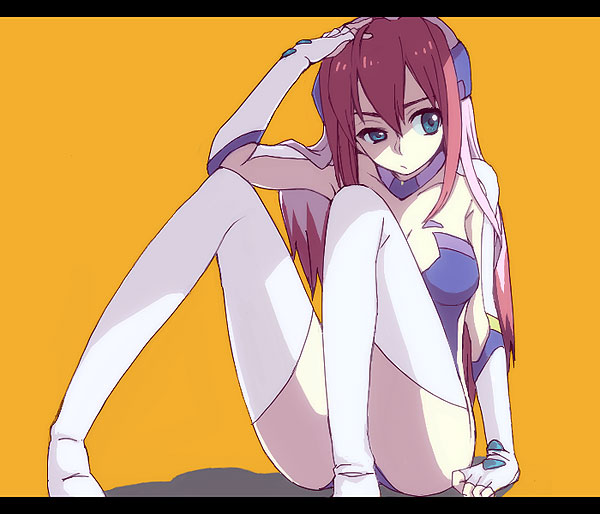 yonko, birdy cephon altera, tetsuwan birdy, tetsuwan birdy decode, 00s, 1girl, aqua eyes, choker, colored bangs, female focus, fingerless gloves, gloves, hand on own head, leotard, long hair, multicolored hair, pink hair, shadow, simple background, sitting, solo, thighhighs, two-tone hair, white thighhighs