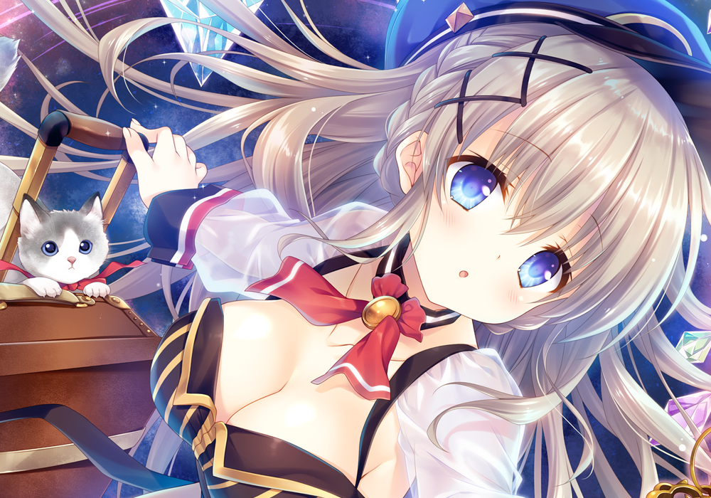 tatekawa mako, original, 1girl, :o, animal, black choker, black hat, black shirt, blue eyes, braid, breasts, brown hair, cat, choker, cleavage, detached sleeves, hat, large breasts, long hair, long sleeves, looking at viewer, parted lips, peaked cap, rolling suitcase, see-through clothes, see-through sleeves, shirt, solo, suitcase, upper body