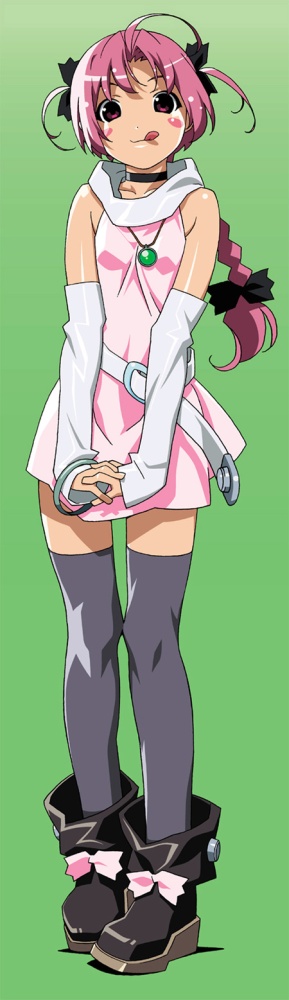 watanabe akio, nakahara komugi, nurse witch komugi-chan, soul taker, long image, tall image, 00s, 1girl, :p, ahoge, ankle boots, bare shoulders, belt, black thighhighs, blush, blush stickers, boots, bow, bracelet, braid, braided ponytail, choker, detached sleeves, female focus, flat chest, jewelry, necklace, pink hair, purple eyes, single braid, solo, standing, thighhighs, tongue, tongue out, zettai ryouiki