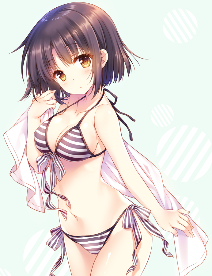 tatekawa mako, original, 1girl, bare arms, bare shoulders, bikini, black hair, breasts, cleavage, cowboy shot, front-tie bikini top, front-tie top, halterneck, hand up, looking at viewer, medium breasts, navel, parted lips, shawl, short hair, side-tie bikini bottom, solo, stomach, strap gap, string bikini, striped bikini, striped clothes, swimsuit, yellow eyes