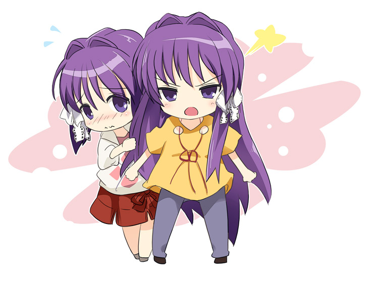 ixy, fujibayashi kyou, fujibayashi ryou, clannad, 00s, chibi, siblings, sisters, twins