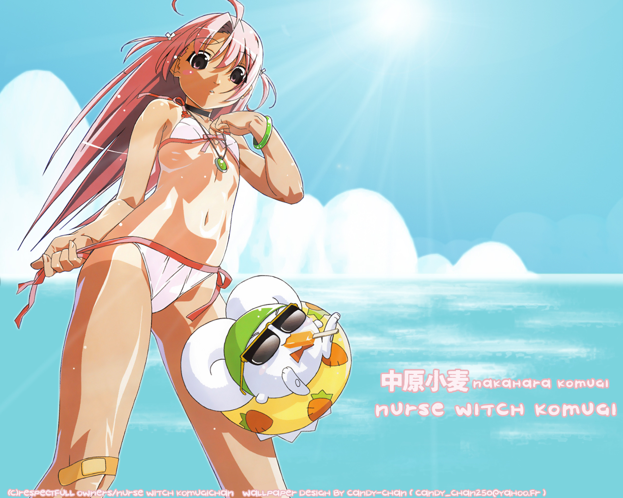 watanabe akio, mugimaru, nakahara komugi, nurse witch komugi-chan, 00s, 1girl, :3, :o, bandaid, bandaid on knee, bandaid on leg, bikini, bracelet, character name, cloud, copyright name, day, female focus, flat chest, food print, from below, front-tie bikini top, front-tie top, innertube, jewelry, light rays, looking down, mouth hold, navel, necklace, ocean, one-piece tan, outdoors, parted lips, pendant, pink eyes, pink hair, side-tie bikini bottom, sky, solo, sunglasses, swim ring, swimsuit, tan, tanline, two side up, white bikini