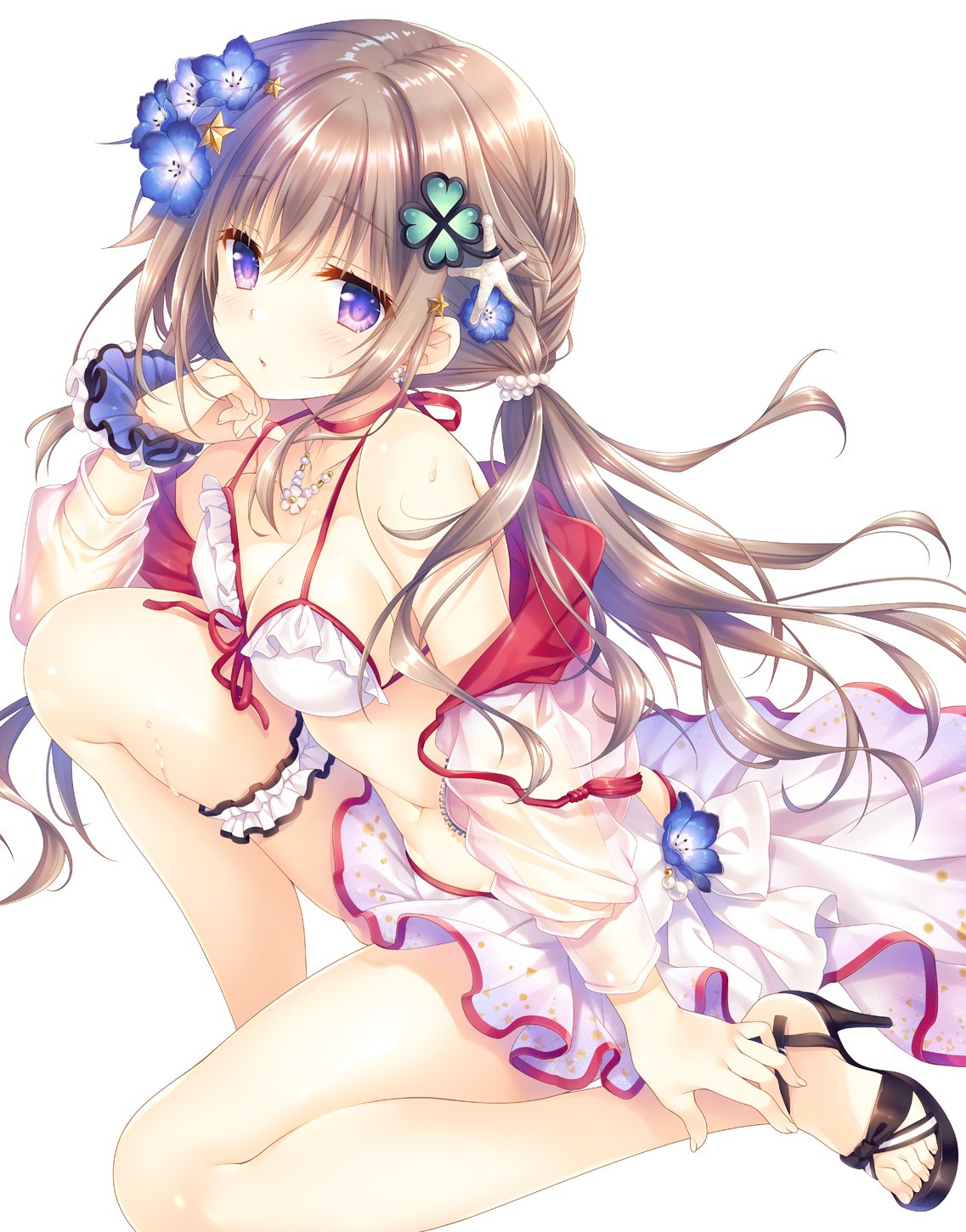 tatekawa mako, original, highres, 1girl, bare shoulders, bikini, bikini skirt, breasts, brown hair, choker, cleavage, clover hair ornament, flower, four-leaf clover hair ornament, frilled bikini, frilled thigh strap, frills, front-tie bikini top, front-tie top, hair flower, hair ornament, hand up, high heels, jacket, knee up, long hair, looking at viewer, low twintails, medium breasts, navel, off shoulder, parted lips, purple eyes, red choker, sandals, see-through clothes, see-through jacket, simple background, solo, stomach, string bikini, swimsuit, thigh strap, thighs, twintails, very long hair, wet, wet jacket, white background, white bikini, white jacket