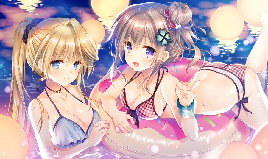 tatekawa mako, original, 2girls, bare shoulders, bikini, black choker, blonde hair, blue bikini, blue eyes, breasts, brown hair, choker, cleavage, front-tie bikini top, front-tie top, hair bun, halterneck, innertube, large breasts, long hair, looking at viewer, medium breasts, medium hair, multi-strapped bikini bottom, multi-strapped bikini top, multiple girls, open mouth, plaid bikini, plaid clothes, ponytail, purple eyes, red bikini, side-tie bikini bottom, smile, string bikini, swim ring, swimsuit, water