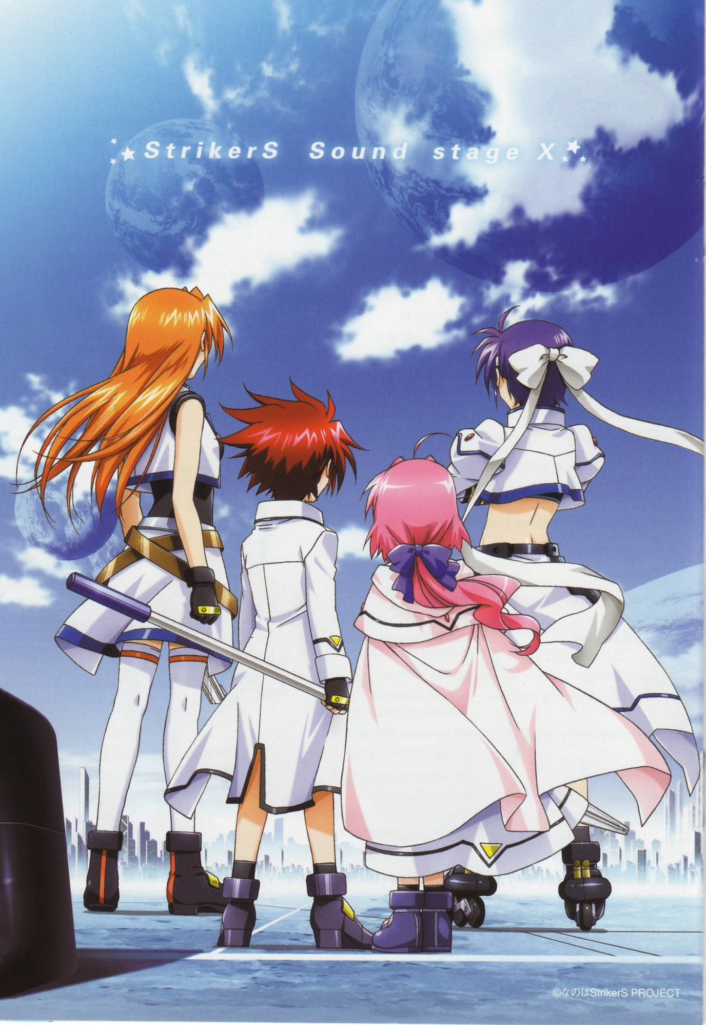 okuda yasuhiro, caro ru lushe, cross mirage, erio mondial, mach caliber, strada, subaru nakajima, teana lanster, lyrical nanoha, mahou shoujo lyrical nanoha, mahou shoujo lyrical nanoha strikers, mahou shoujo lyrical nanoha strikers sound stage x, highres, 00s, 1boy, 3girls, back, bow, fingerless gloves, from behind, gloves, hair bow, inline skates, jacket, long hair, midriff, moon, multiple girls, orange hair, pink hair, ponytail, purple hair, red hair, roller skates, short hair, skates, staff, thighhighs