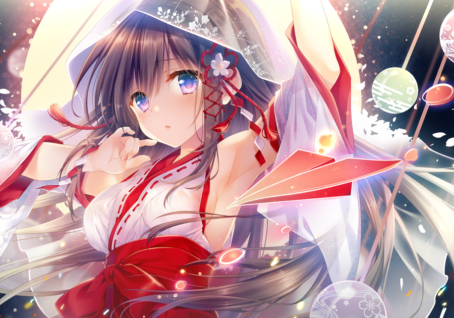 tatekawa mako, eshi 100 nin ten, original, 1girl, arm up, armpits, bare shoulders, breasts, brown hair, detached sleeves, flower, flower knot, hair flower, hair ornament, japanese clothes, kimono, long hair, looking at viewer, medium breasts, miko, obi, paper airplane, parted lips, purple eyes, sash, shide, sleeveless, sleeveless kimono, solo, upper body, veil, white kimono, wide sleeves