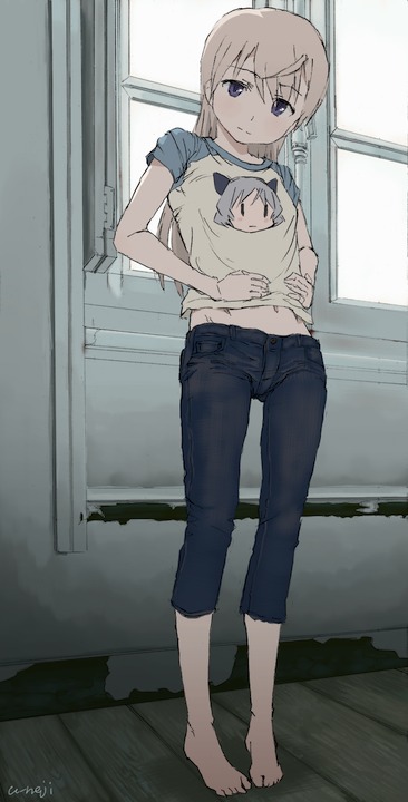 negoro shuujirou, eila ilmatar juutilainen, sanya v. litvyak, strike witches, world witches series, silver hair, non-web source, 00s, 1girl, barefoot, capri pants, casual, denim, female focus, jeans, long hair, midriff, pants, raglan sleeves, shirt, solo, t-shirt
