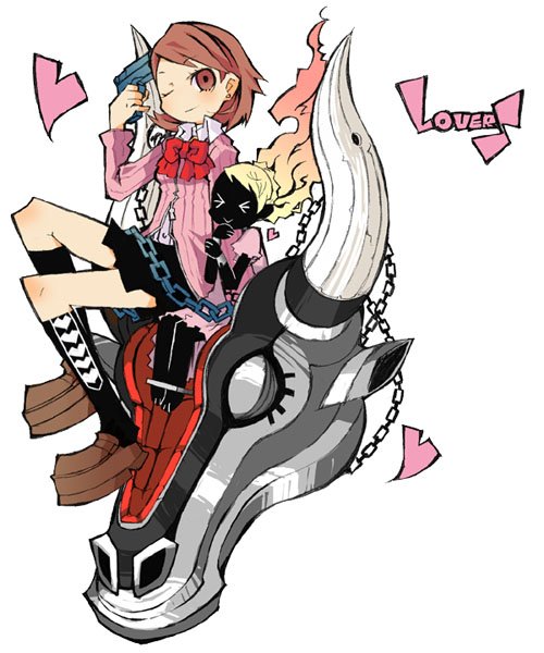 kuma jet, io (megami tensei), io (p3), takeba yukari, atlus, persona, persona 3, bad id, bad pixiv id, > <, 2girls, brown hair, cardigan, chain, closed eyes, evoker, gun, gun to head, heart, holding, holding gun, holding weapon, multiple girls, ribbon, short hair, skirt, weapon