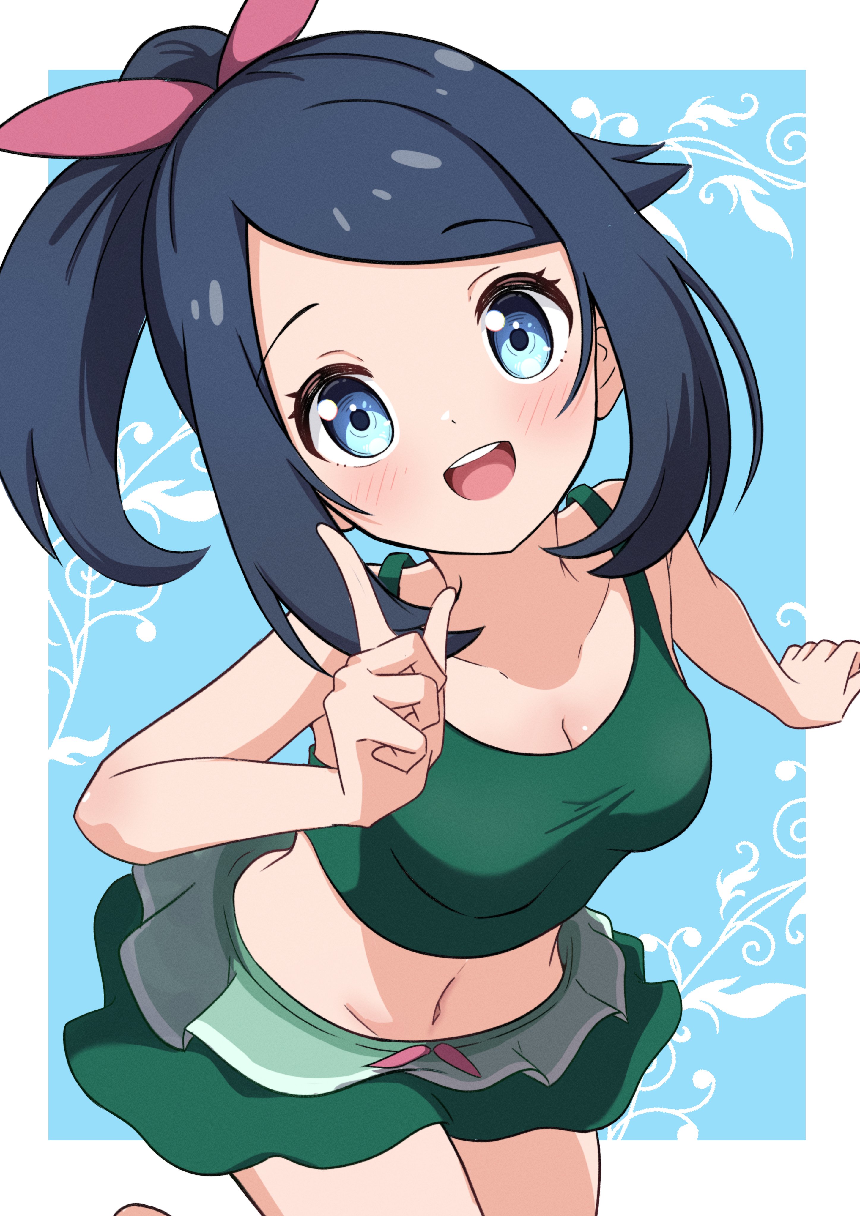 rono (lethys), liko (pokemon), nintendo, pokemon, pokemon (anime), pokemon horizons, absurdres, highres, 1girl, bikini, black hair, blue eyes, blush, breasts, cowlick, crop top, hair ornament, hair ribbon, hairclip, long hair, midriff, open mouth, pink ribbon, ponytail, ribbon, swimsuit, swimsuit skirt