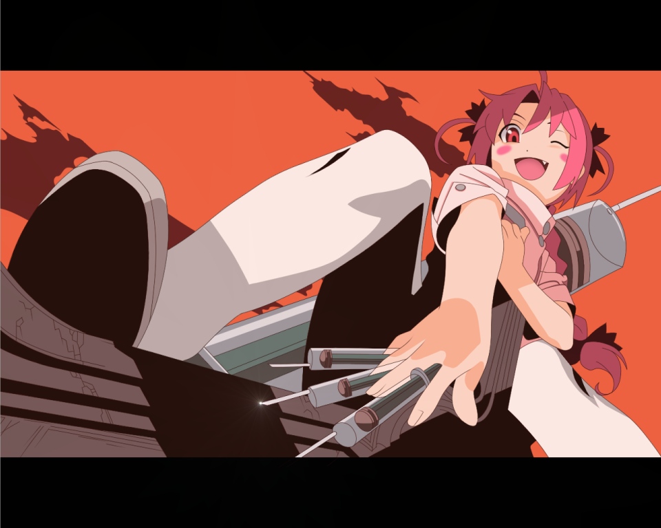 rindou (awoshakushi), nakahara komugi, nurse witch komugi-chan, soul taker, 00s, 1girl, ahoge, blush, blush stickers, bow, braid, fang, female focus, hair bow, letterboxed, nurse, one eye closed, open mouth, pink eyes, pink hair, sky, solo, syringe, thighhighs, white thighhighs, wink