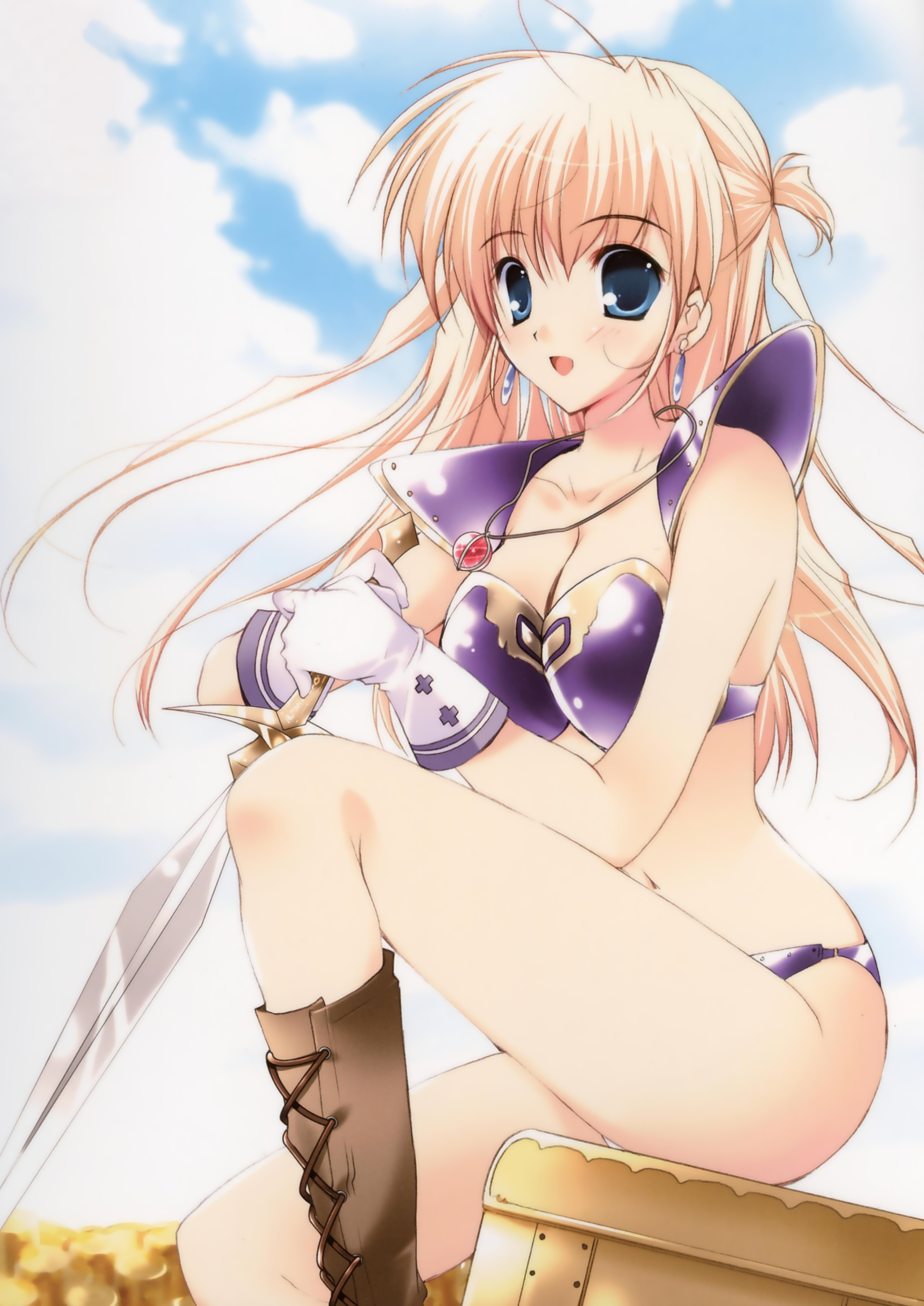 mikeou, absurdres, highres, scan, 1girl, armor, blonde hair, blue eyes, blush, breasts, cleavage, cloud, day, earrings, female focus, gloves, jewelry, long hair, medium breasts, midriff, navel, necklace, sitting, sky, solo, sword, weapon