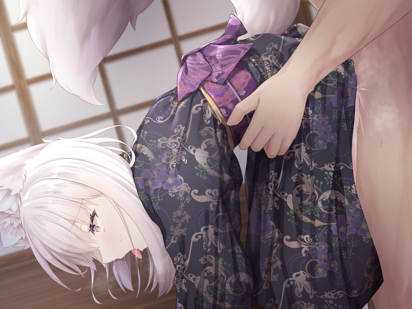 sasasa (nashi), original, highres, 1boy, 1girl, animal ears, bent over, black kimono, clothed female nude male, clothed sex, floral print, fox ears, fox girl, fox tail, grabbing from behind, japanese clothes, kimono, lifting person, long sleeves, medium hair, nude, obi, sash, sex, sex from behind, solo focus, sweat, tail, tears, tongue, tongue out, torso grab, white hair, yellow eyes