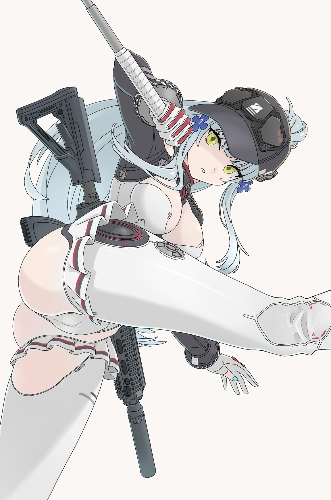 tab (tabkun), hk416 (girls' frontline), klukai (girls' frontline 2), klukai (speed star) (girls' frontline 2), girls' frontline, girls' frontline 2: exilium, commentary request, highres, 1girl, ass, assault rifle, baseball cap, black bodysuit, black hat, blue hair, blue nails, bodysuit, breasts, cameltoe, cleavage, cross hair ornament, frilled bodysuit, gloves, gun, h&k hk416, hair ornament, hat, holding baton (weapon), leg up, long hair, looking at viewer, official alternate costume, open mouth, partially fingerless gloves, ponytail, rifle, sidelocks, simple background, solo, tattoo, teardrop facial mark, teardrop tattoo, two-tone bodysuit, weapon, white background, white bodysuit, white gloves, white mouth