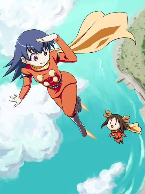 shiwashiwa no kinchakubukuru, kasuga ayumu, takino tomo, azumanga daiou, cyborg 009, bad id, bad pixiv id, 1960s (style), 1970s (style), 2girls, cape, cosplay, cyborg, flying, multiple girls, retro artstyle, scarf, shading eyes