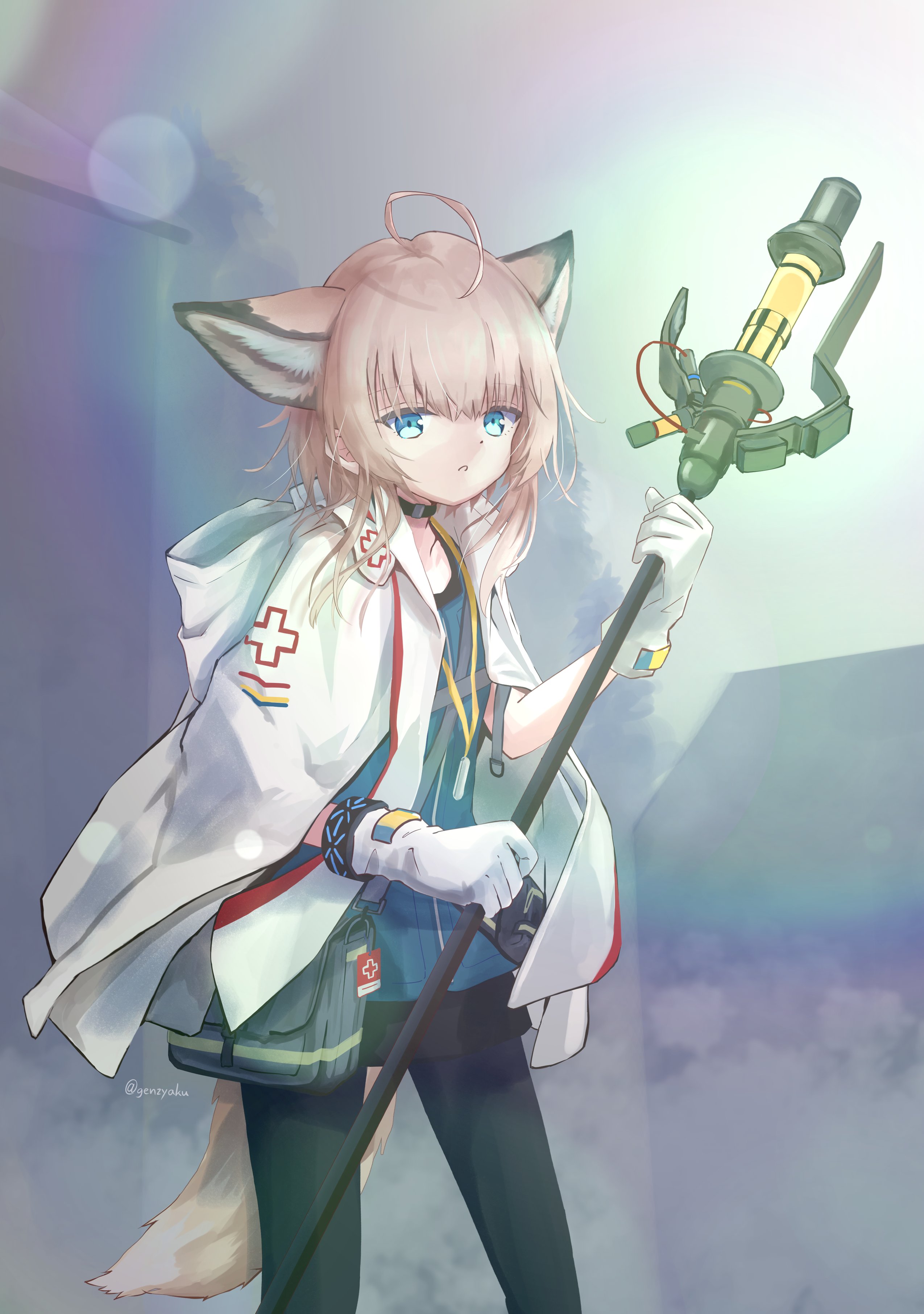 genjaku, sussurro (arknights), arknights, absurdres, highres, 1girl, ahoge, animal ears, black pantyhose, blue eyes, fox ears, fox tail, gloves, holding, holding staff, pantyhose, solo, staff, tail, white gloves