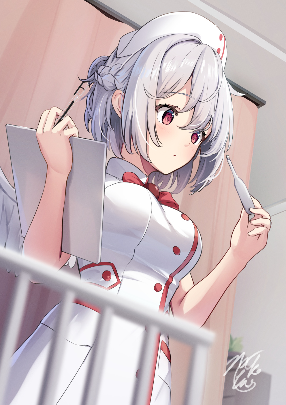 niko kusa, kishin sagume, touhou, commentary request, highres, 1girl, alternate costume, bed, bow, bowtie, braid, breasts, buttons, clipboard, closed mouth, dress, feathered wings, grey hair, hat, holding, holding clipboard, holding pen, holding thermometer, hospital bed, medium breasts, nurse, nurse cap, pen, red bow, red bowtie, short hair, signature, single wing, solo, thermometer, white dress, white hat, white wings, wings