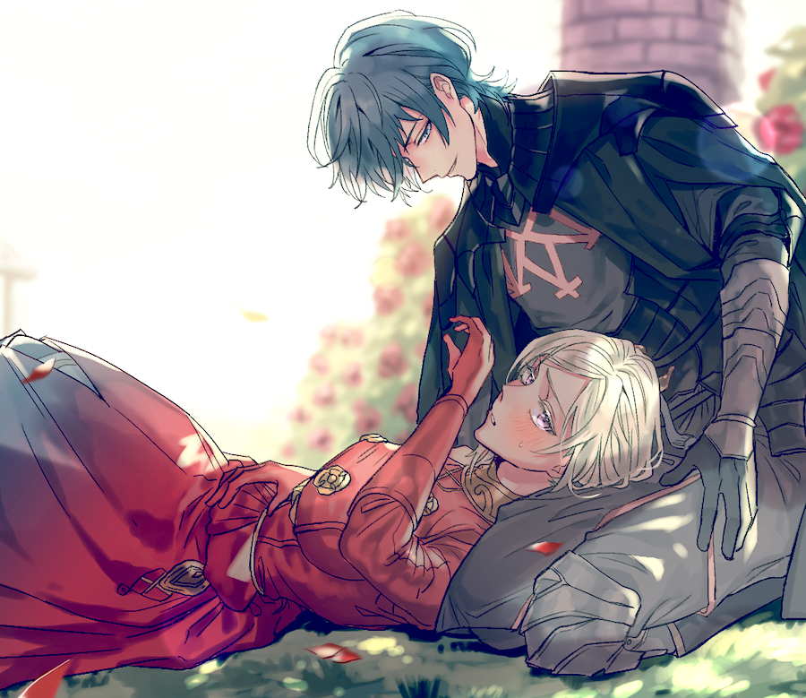 5 (femfamme), edelgard von hresvelg, male byleth (fire emblem), fire emblem, fire emblem: three houses, nintendo, 1boy, 1girl, armored gloves, black cape, black gloves, blue eyes, blue hair, blush, breasts, cape, couple, dress, flower, gloves, hetero, lap pillow, large breasts, looking at another, lying, on back, on grass, purple eyes, red dress, red gloves, short hair, sitting, smile, white hair