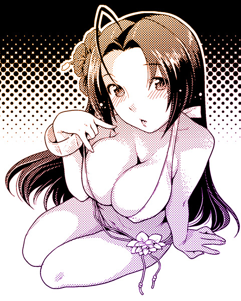 nekomata naomi, miura azusa, idolmaster, idolmaster (classic), 00s, 1girl, ahoge, bikini, bracelet, breasts, cleavage, female focus, flower, hair flower, hair ornament, halftone, halftone background, jewelry, large breasts, long hair, m/, monochrome, screentones, solo, swimsuit