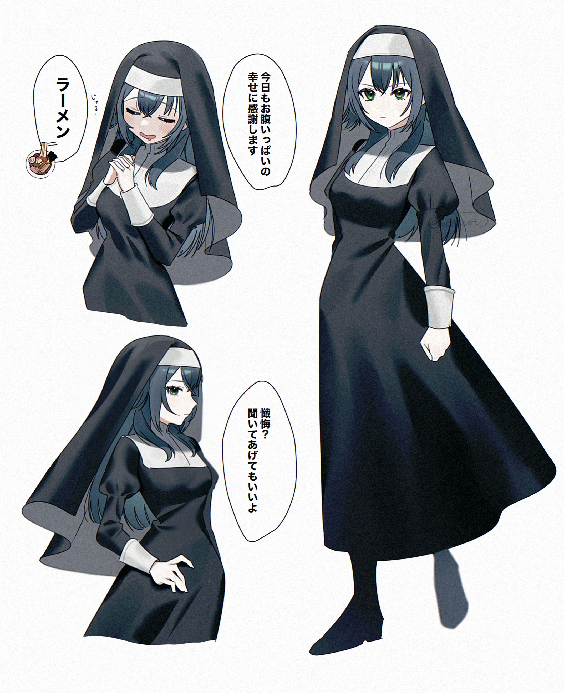ume (yuuki-110813), tsukimura temari, gakuen idolmaster, idolmaster, absurdres, commentary request, highres, translation request, 1girl, alternate costume, black dress, black hat, closed eyes, cropped legs, dress, drooling, full body, green eyes, green hair, hair flaps, hat, interlocked fingers, juliet sleeves, long hair, long sleeves, looking ahead, looking at viewer, mouth drool, multiple views, nun, own hands together, praying, puffy sleeves, speech bubble, very long hair