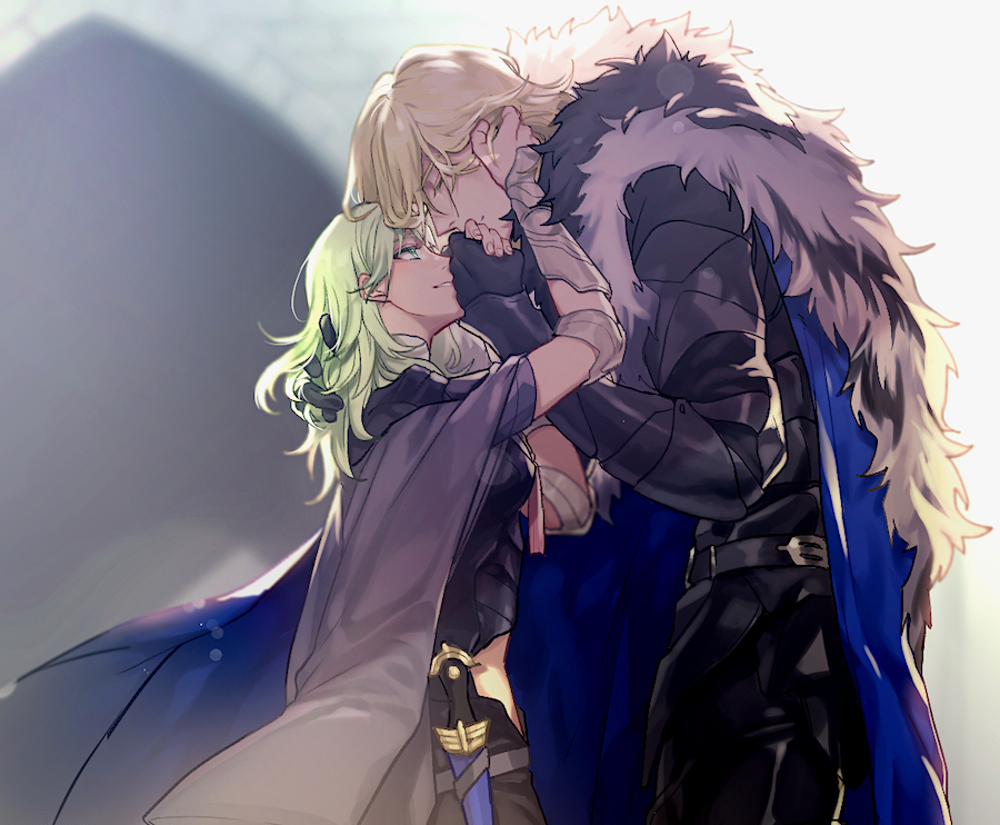 5 (femfamme), dimitri alexandre blaiddyd, dimitri alexandre blaiddyd (timeskip), female byleth (enlightened) (fire emblem), female byleth (fire emblem), fire emblem, fire emblem: three houses, nintendo, 1boy, 1girl, armor, black armor, black fur, blonde hair, blue cape, breasts, cape, closed eyes, couple, dagger, from side, fur-trimmed cape, fur trim, green hair, hetero, knife, looking at another, looking up, medium breasts, medium hair, smile, weapon, white fur