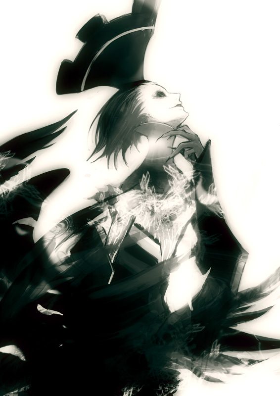 teddy (artist), nyx avatar, atlus, persona, persona 3, bad id, bad pixiv id, 1girl, black hair, female focus, monochrome, monster, solo